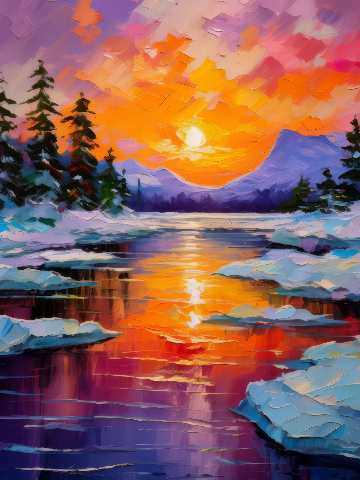 Sunset Over Tundra Lake, a palette-knife oil landscape by Emma Mickelberg