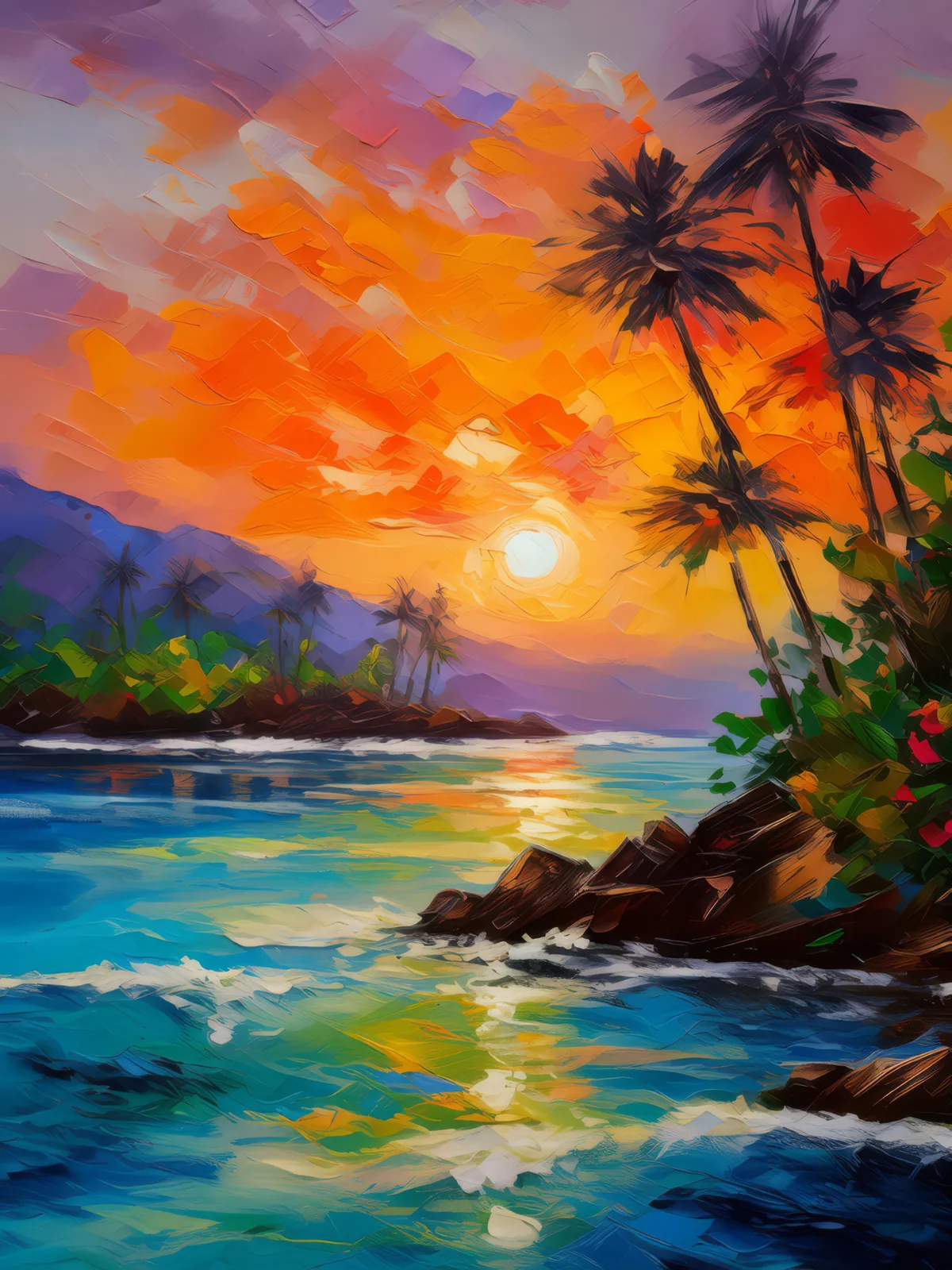 Sunset Over Water, a palette-knife oil landscape by Emma Mickelberg