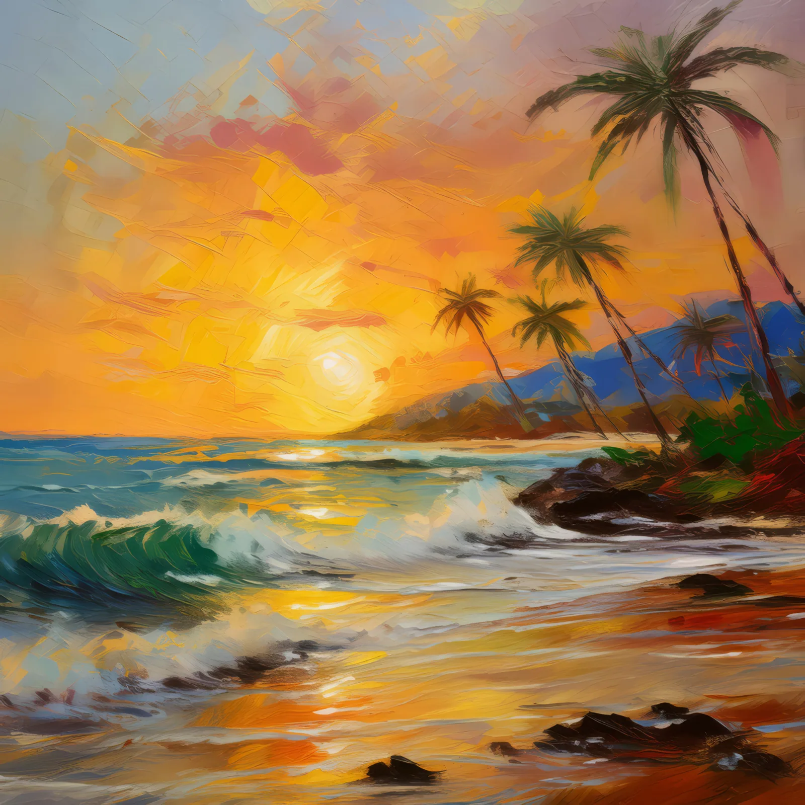 Sunset Over Waves, a palette-knife oil landscape by Emma Mickelberg