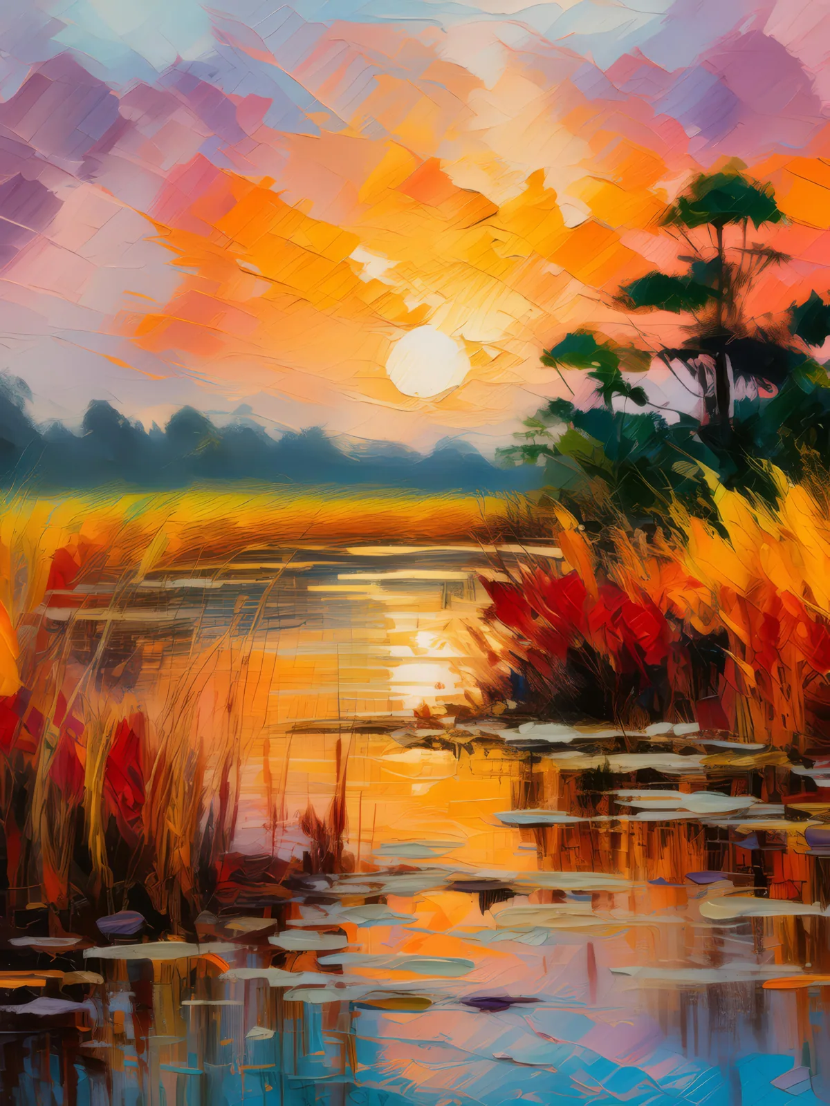 Sunset Over Wetlands, a palette-knife oil landscape by Emma Mickelberg