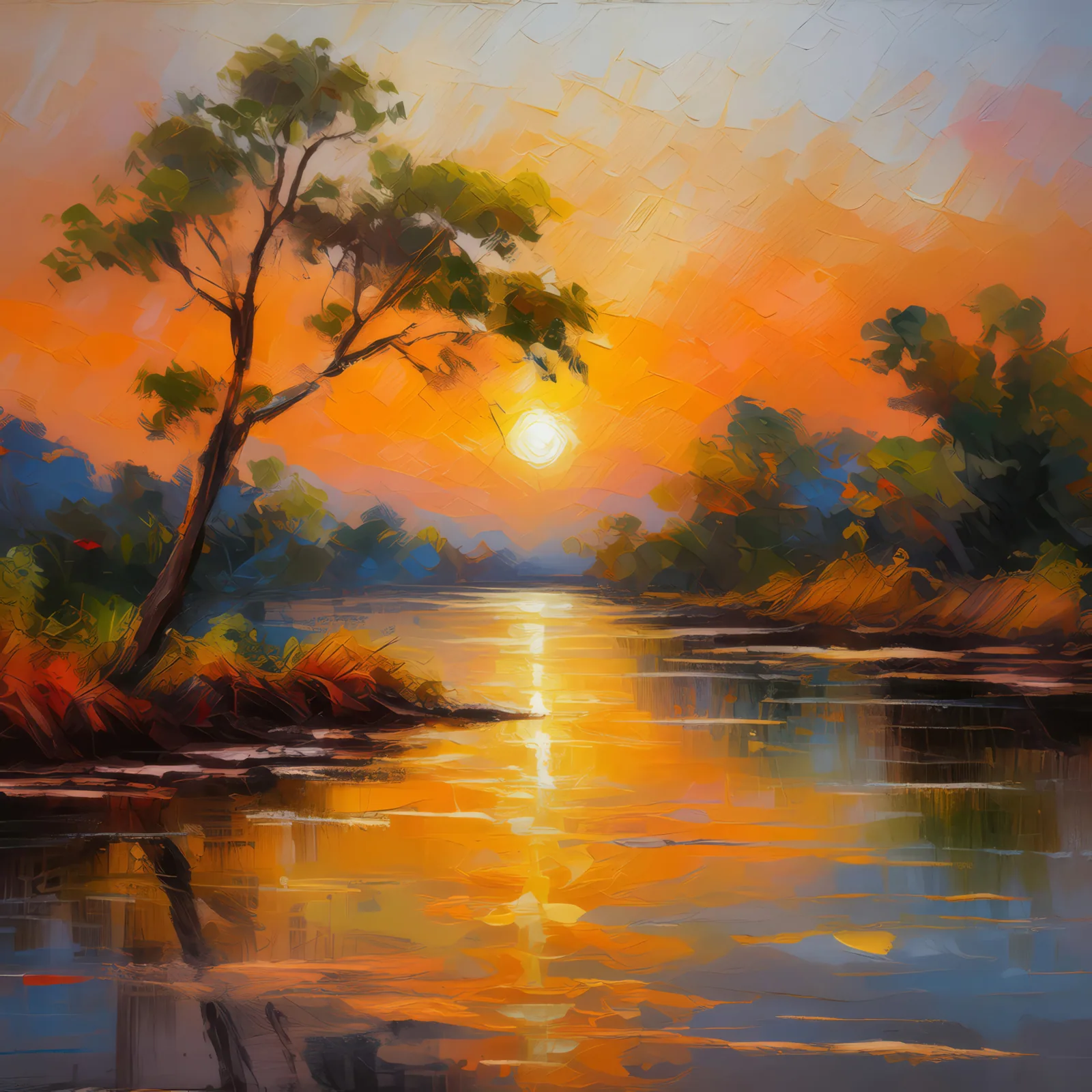 Sunset Serenity at the Delta, a palette-knife oil landscape by Emma Mickelberg