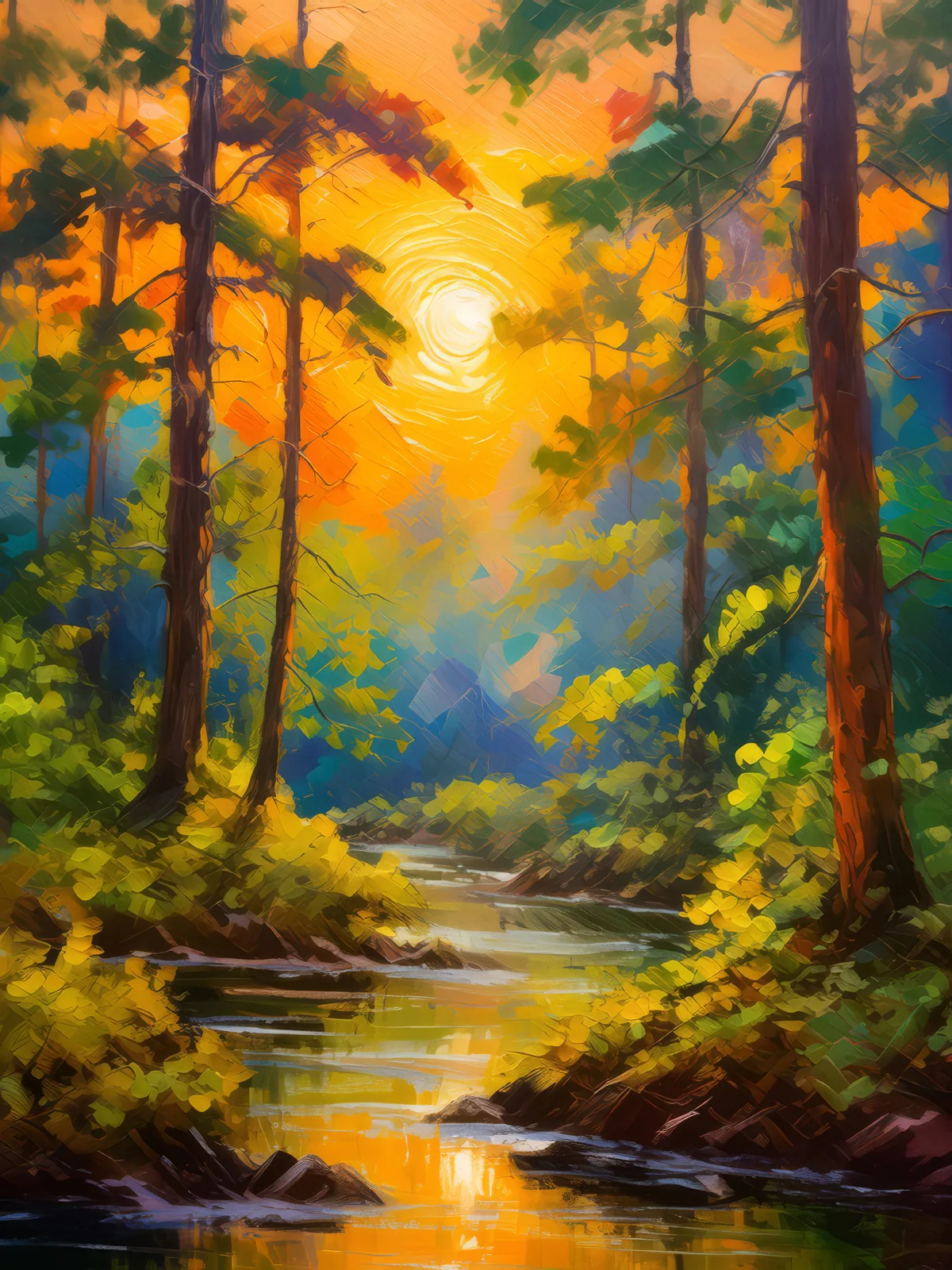 Sunset Through Forest Canopy, a palette-knife oil landscape by Emma Mickelberg