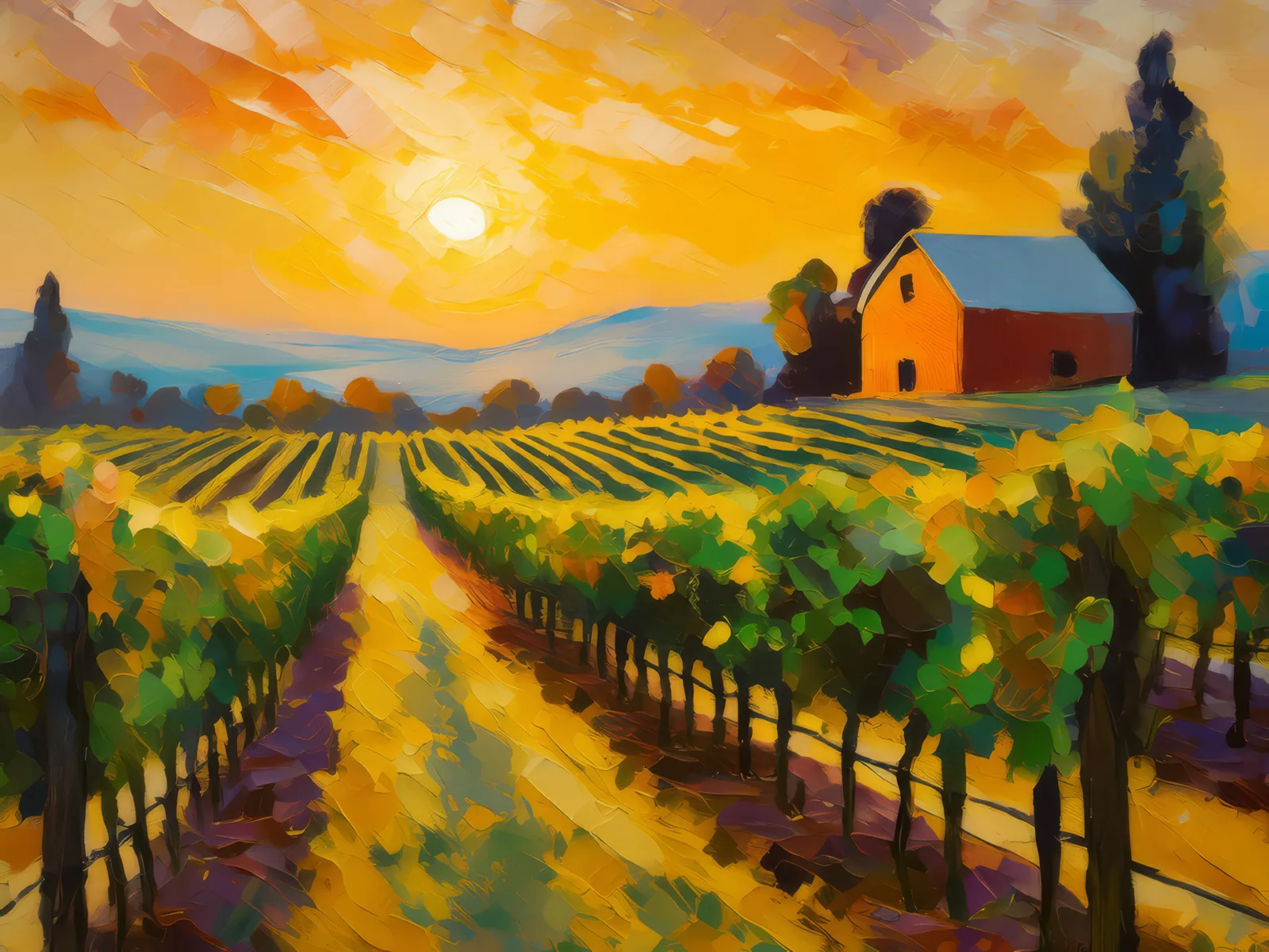Sunset Vineyard, a palette-knife oil landscape by Emma Mickelberg