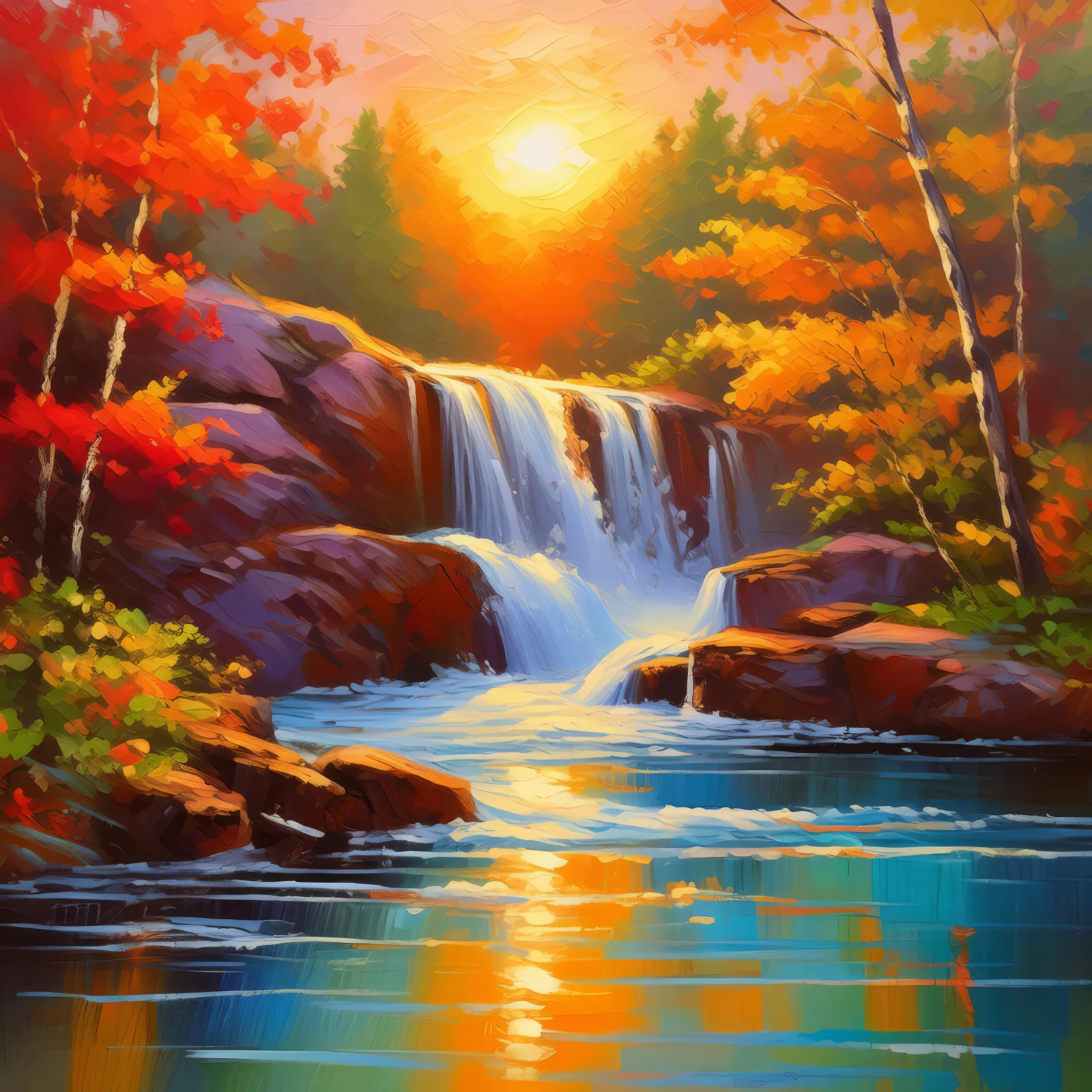 Sunset Waterfall Serenity, a palette-knife oil landscape by Emma Mickelberg