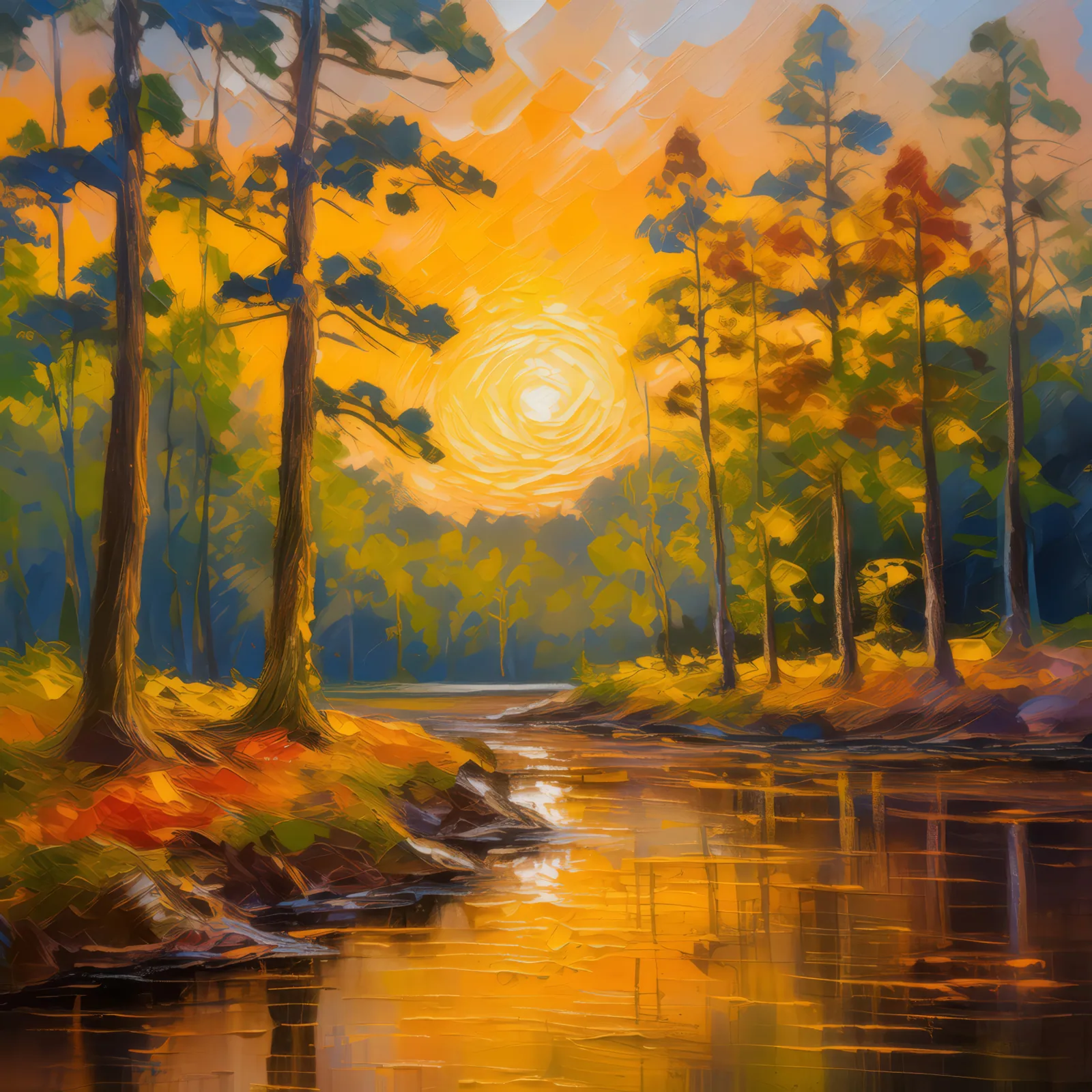 Sunset's Last Light in Woods, a palette-knife oil landscape by Emma Mickelberg