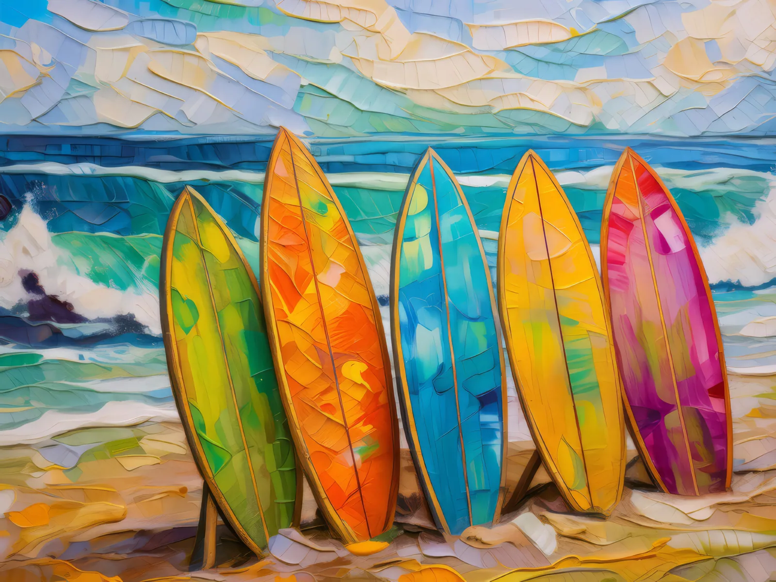 Surfboards in the Sand, a palette-knife oil landscape by Emma Mickelberg