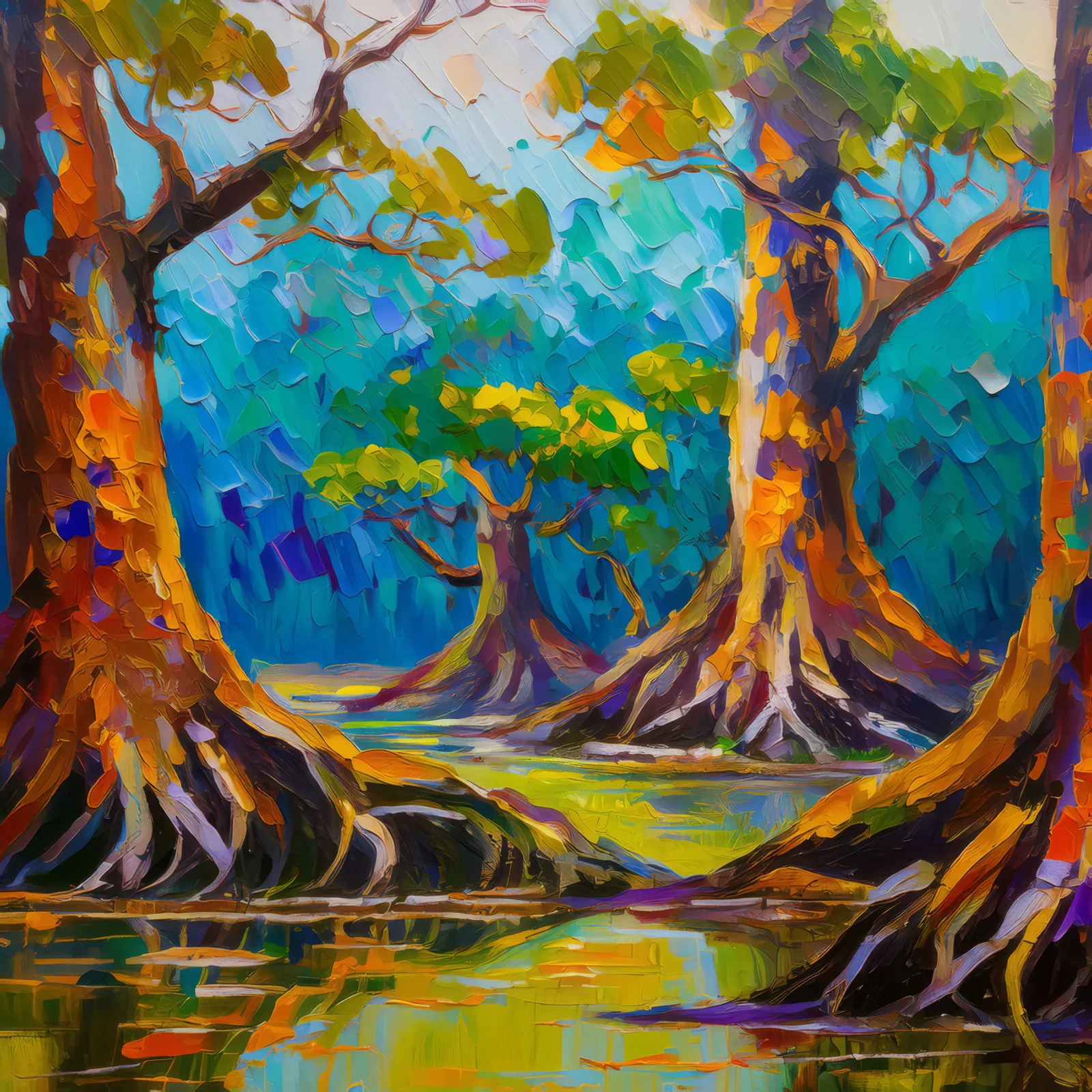 Swamp Ancient Trees, a palette-knife oil landscape by Emma Mickelberg