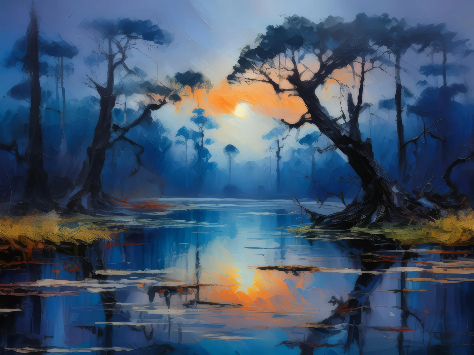 Swamp at Twilight, a palette-knife oil landscape by Emma Mickelberg