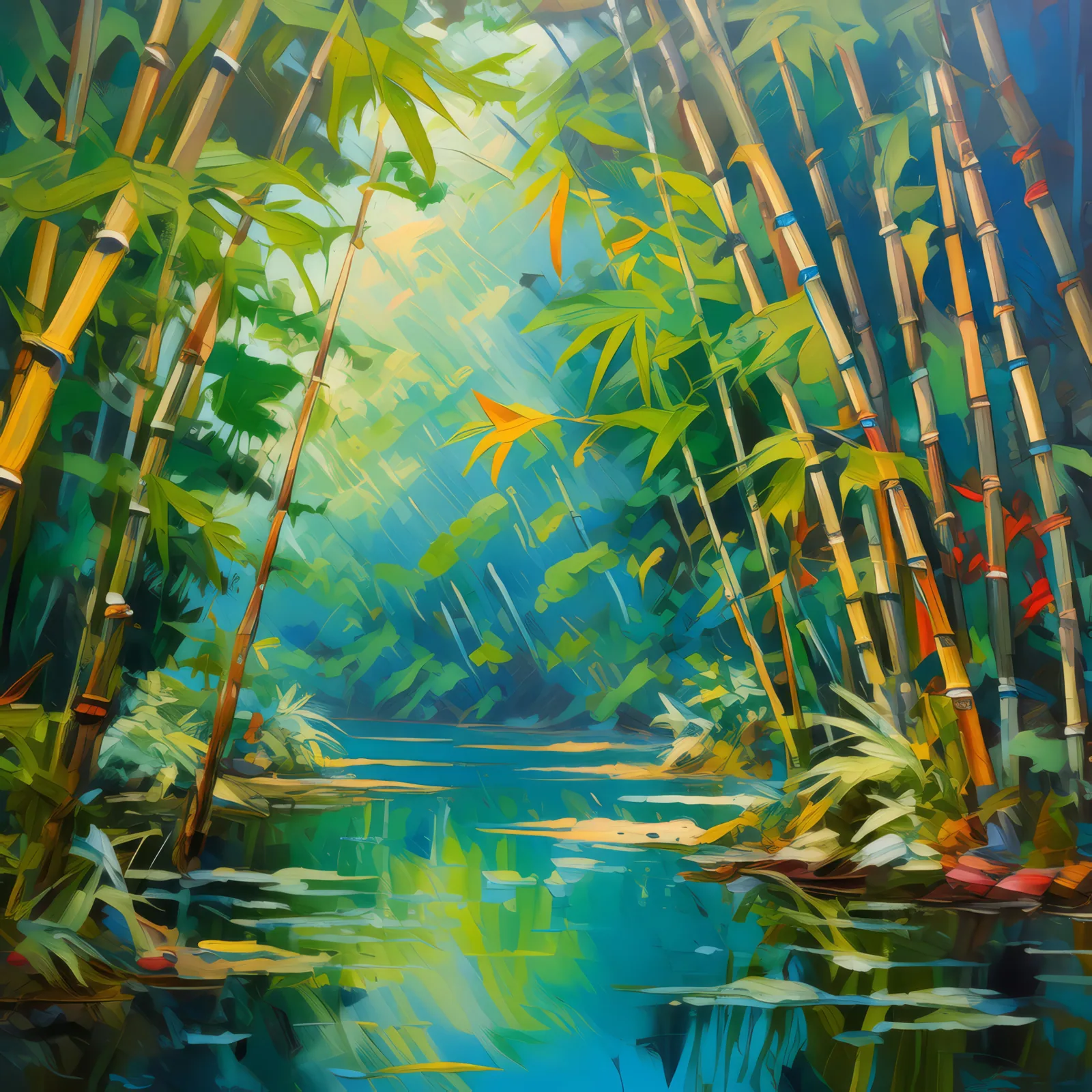 Swamp Bamboo Grove, a palette-knife oil landscape by Emma Mickelberg
