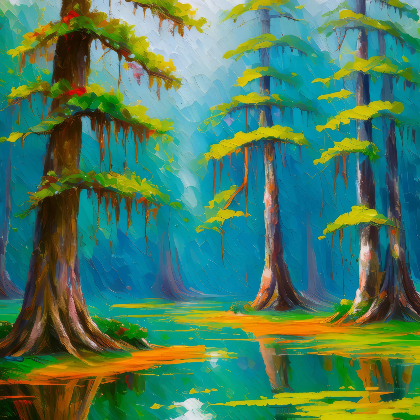 Swamp Cypress Forest, a palette-knife oil landscape by Emma Mickelberg
