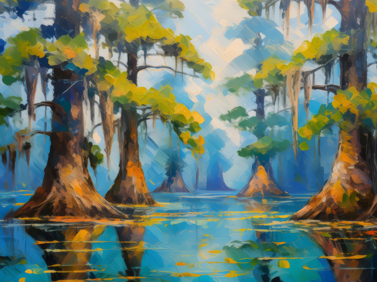 Swamp Cypress Trees, a palette-knife oil landscape by Emma Mickelberg
