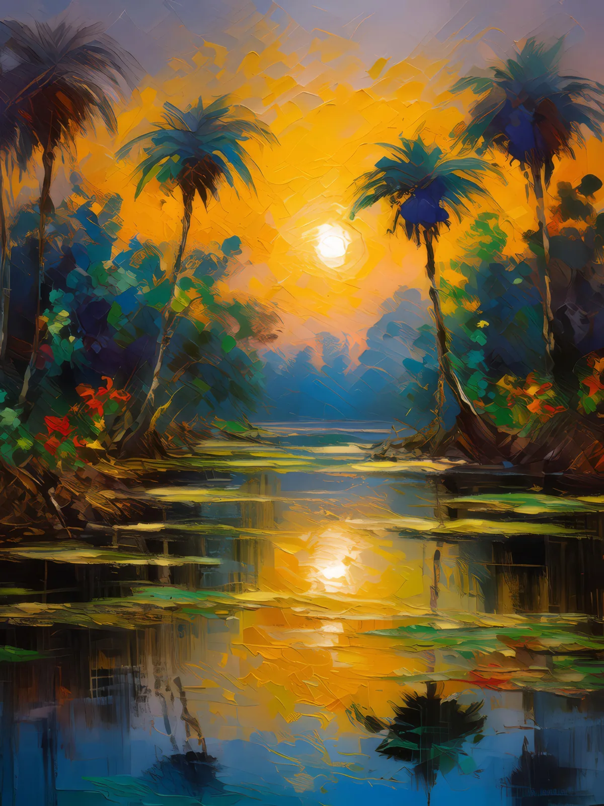 Swamp Evening Glow, a palette-knife oil landscape by Emma Mickelberg