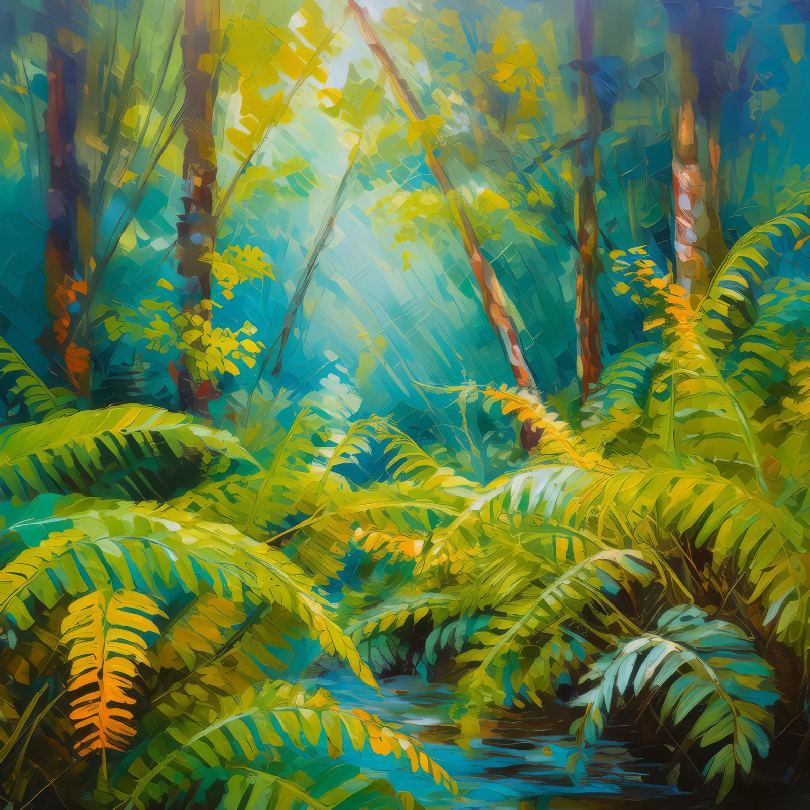 Swamp Fern Grove, a palette-knife oil landscape by Emma Mickelberg