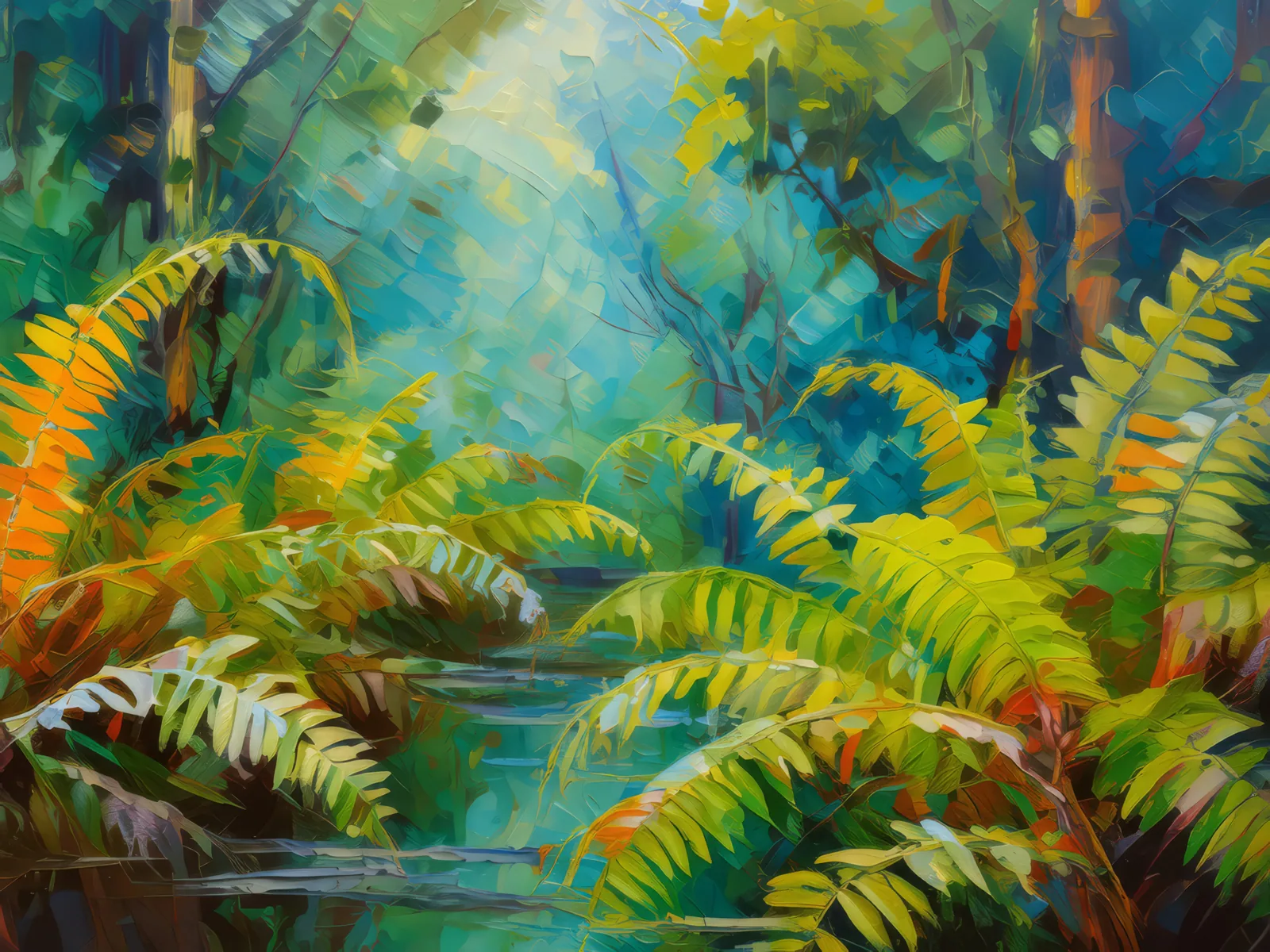 Swamp Ferns Abundance, a palette-knife oil landscape by Emma Mickelberg