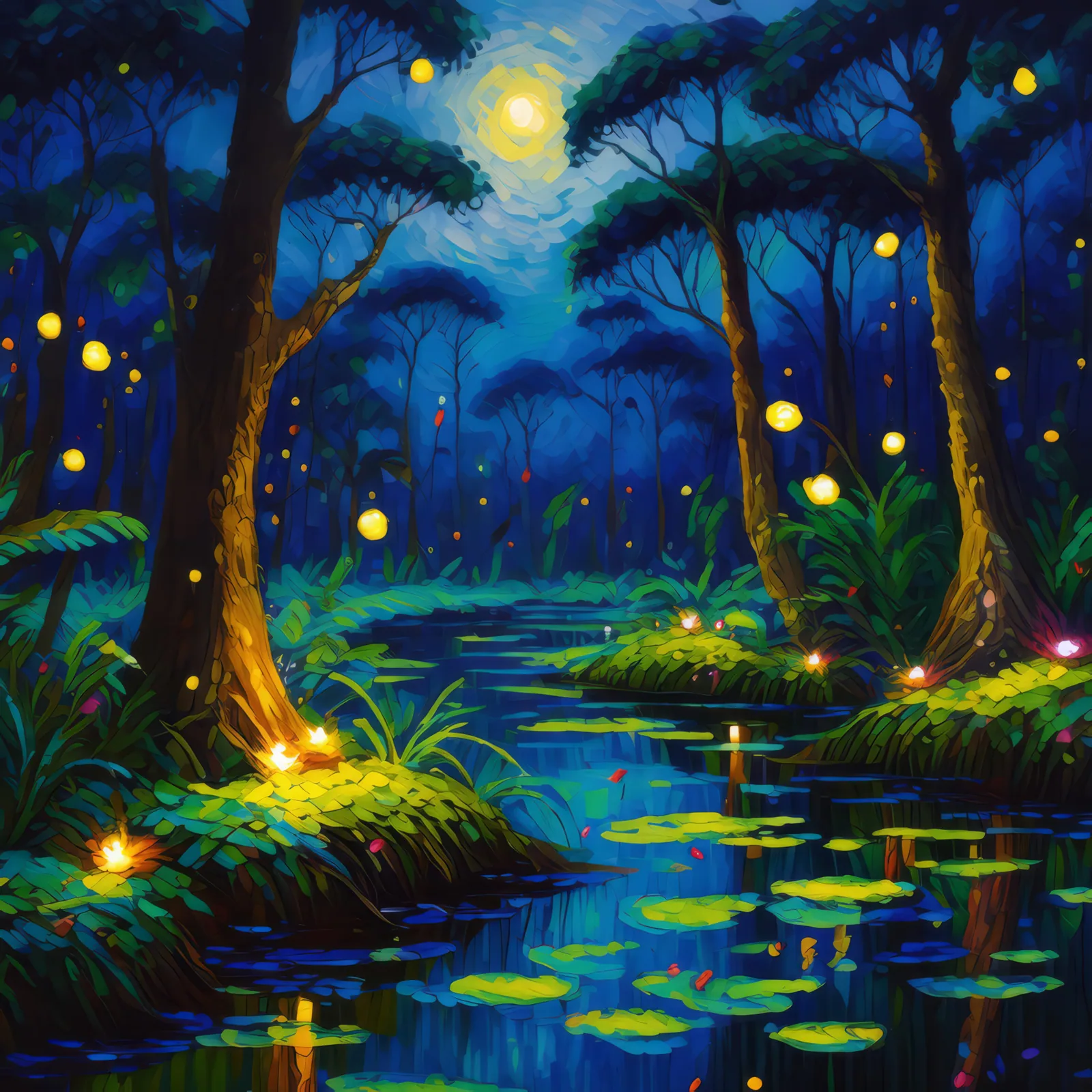 Swamp Fireflies Glow, a palette-knife oil landscape by Emma Mickelberg