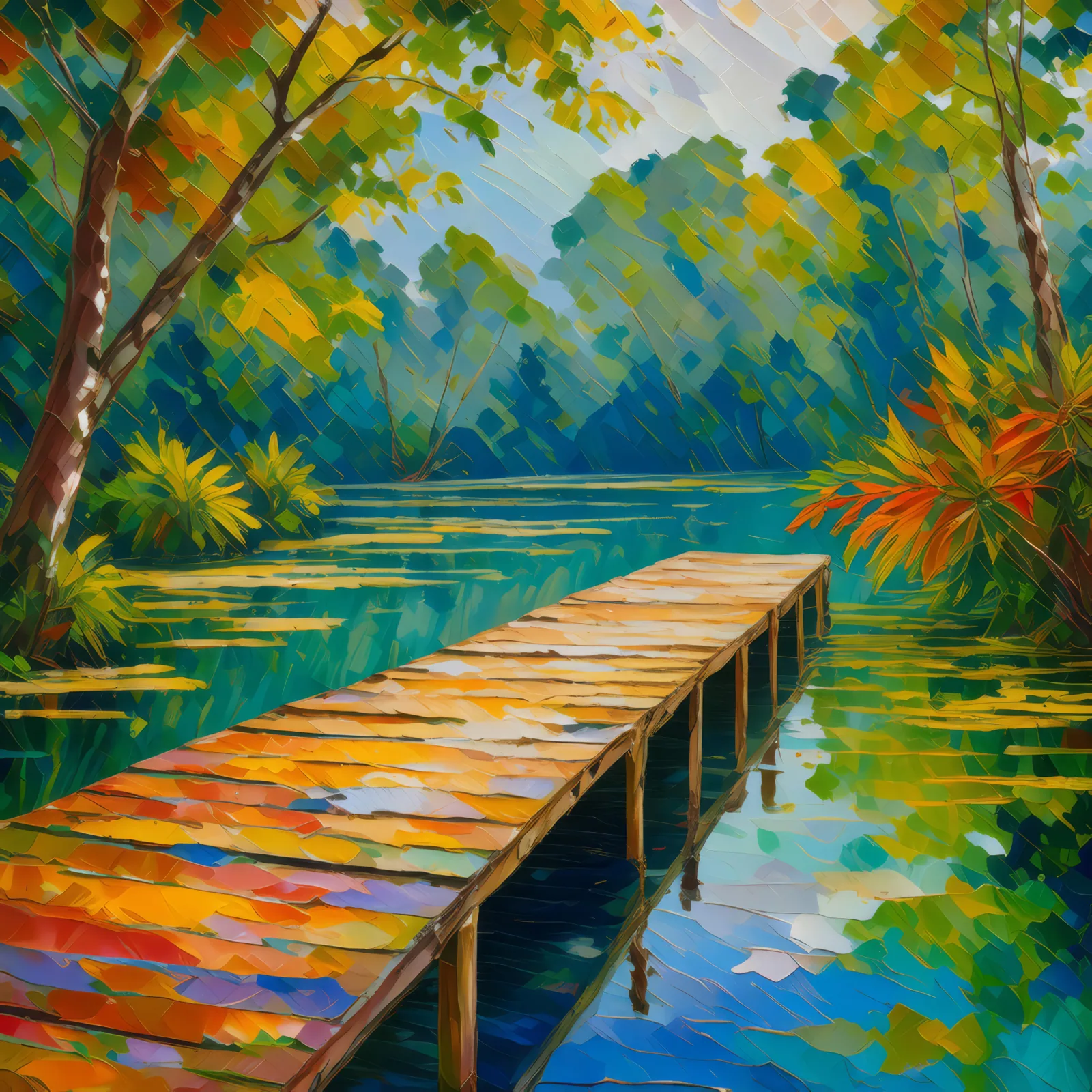 Swamp Floating Dock, a palette-knife oil landscape by Emma Mickelberg