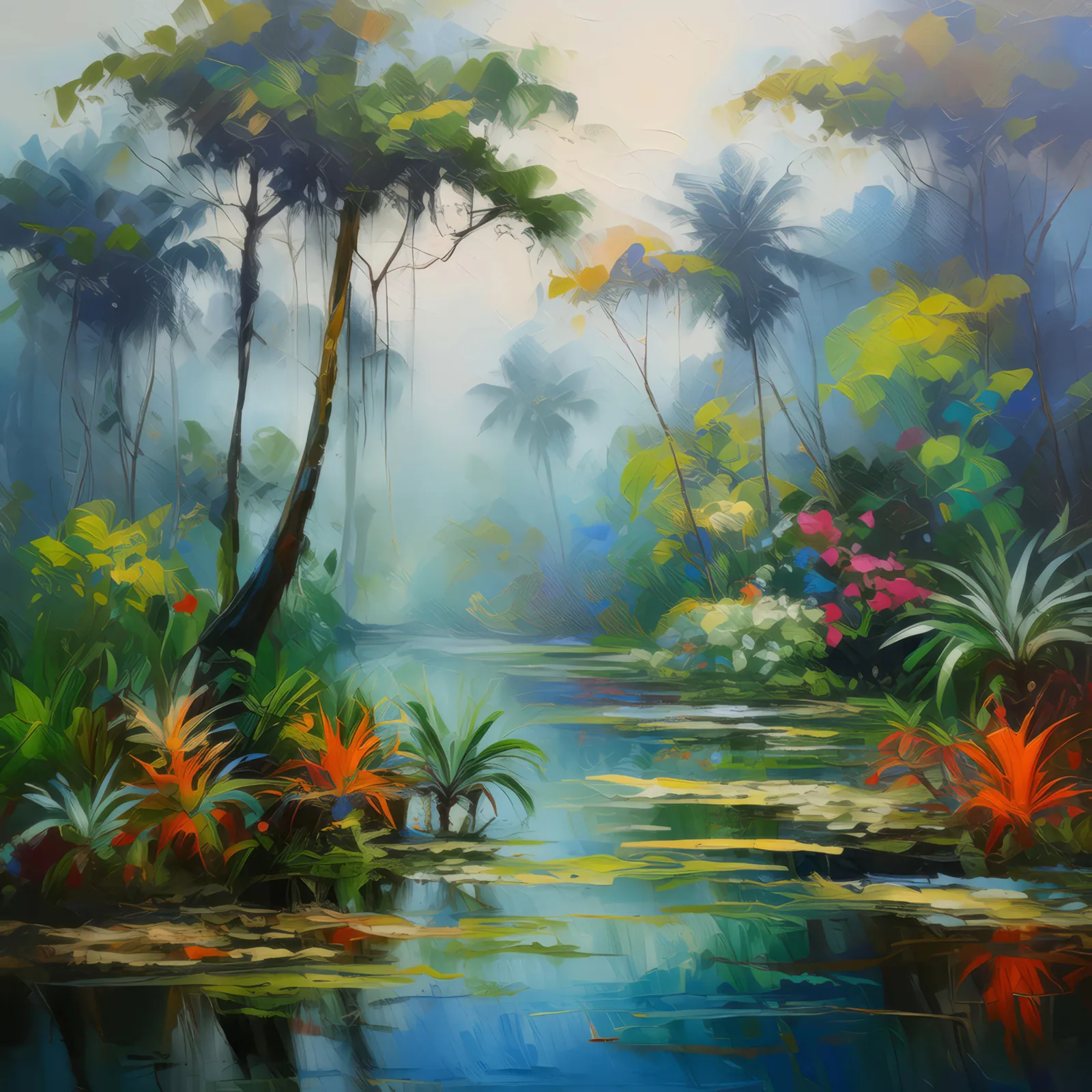Swamp Foggy Morning, a palette-knife oil landscape by Emma Mickelberg