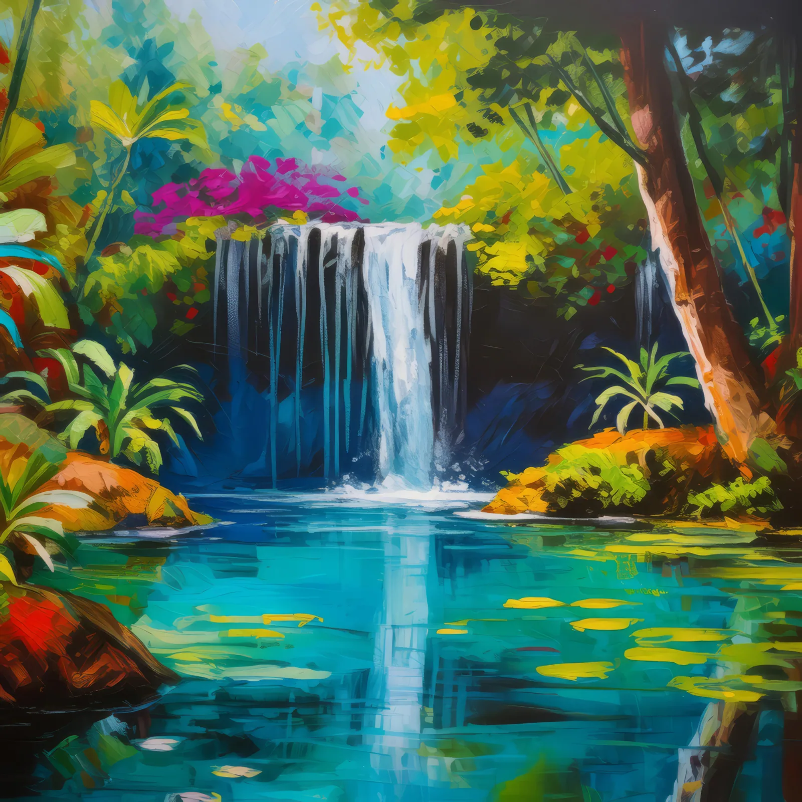 Swamp Hidden Waterfall, a palette-knife oil landscape by Emma Mickelberg