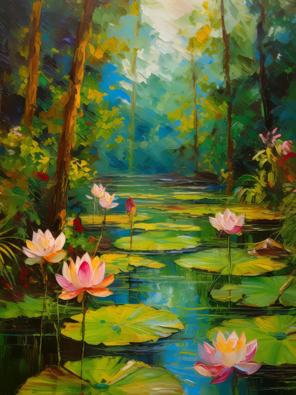 Swamp Lotus Bloom, a palette-knife oil landscape by Emma Mickelberg