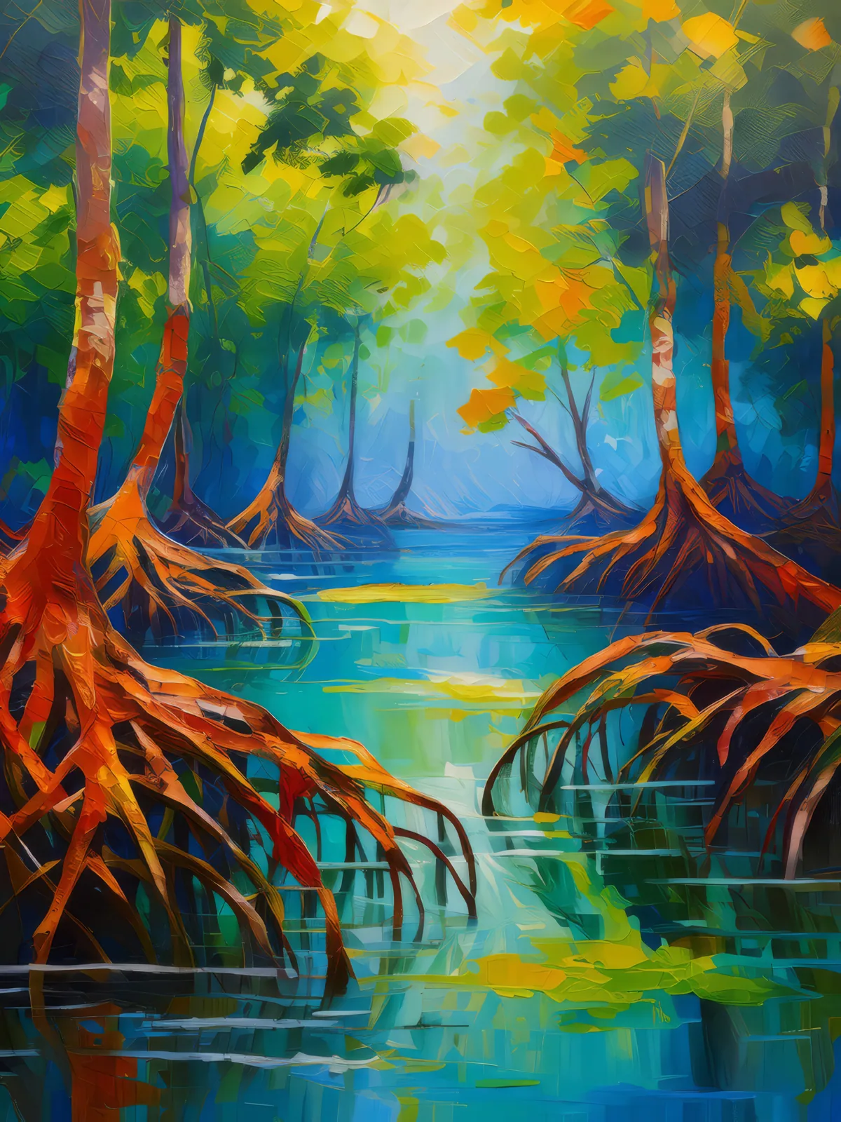 Swamp Mangrove Roots, a palette-knife oil landscape by Emma Mickelberg