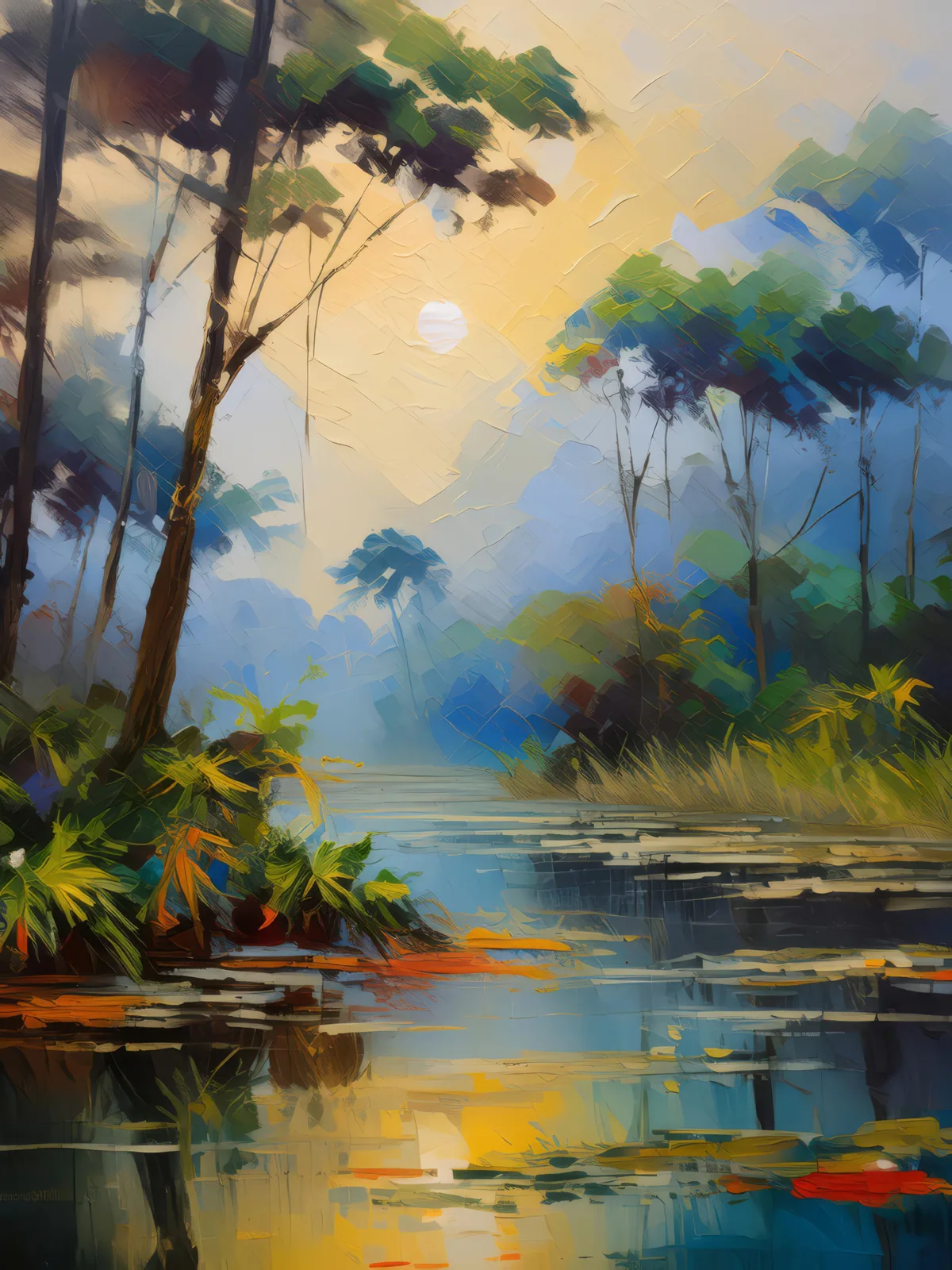 Swamp Mist Morning, a palette-knife oil landscape by Emma Mickelberg