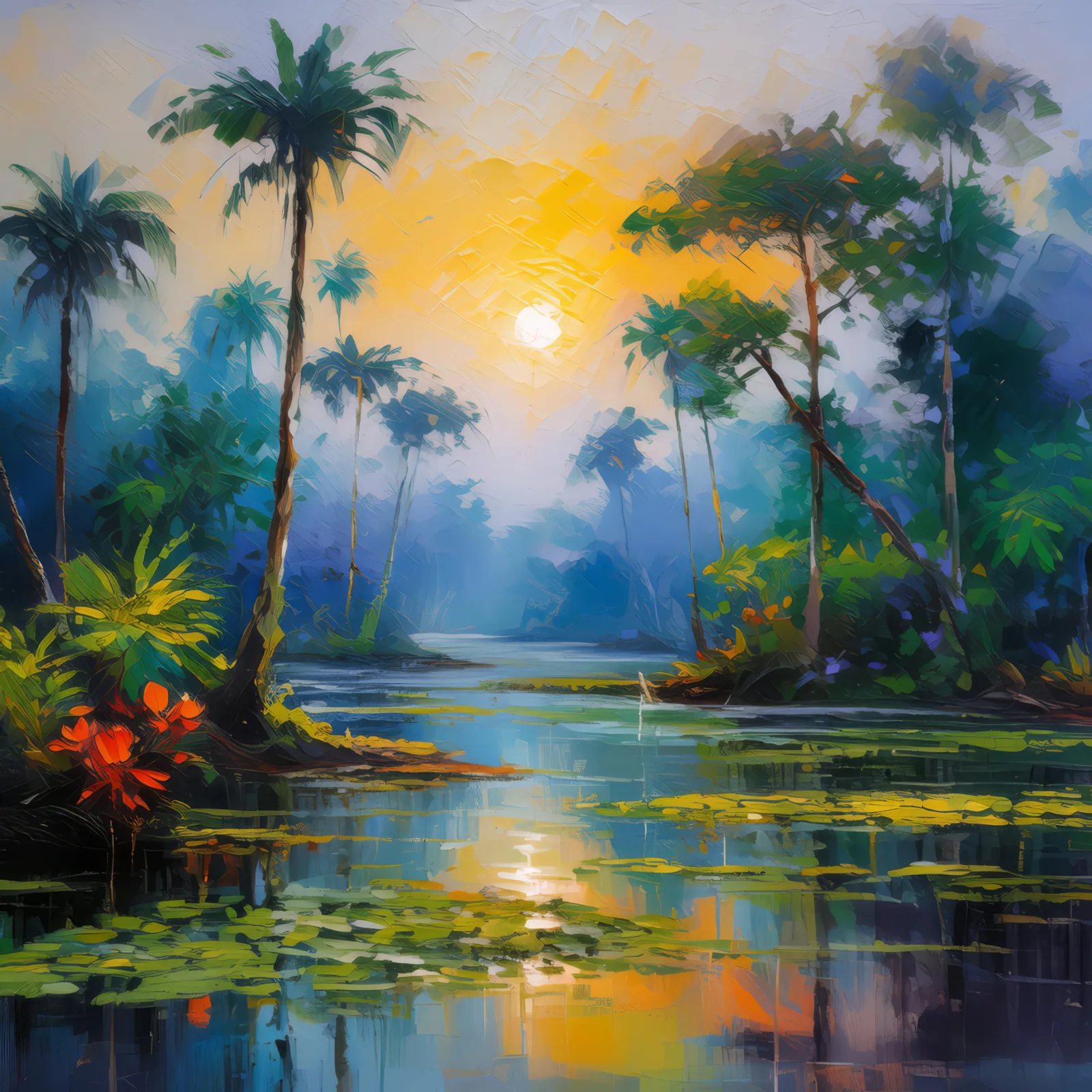 Swamp Misty Dawn, a palette-knife oil landscape by Emma Mickelberg