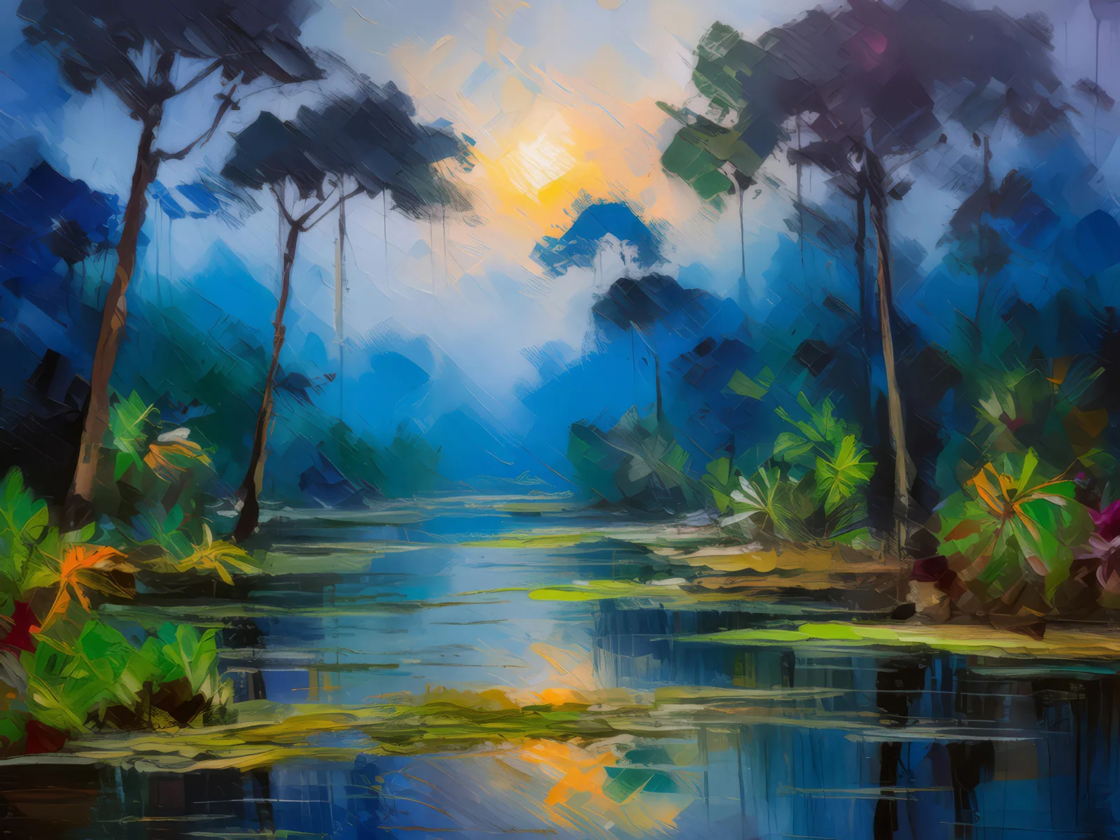 Swamp Misty Evening, a palette-knife oil landscape by Emma Mickelberg