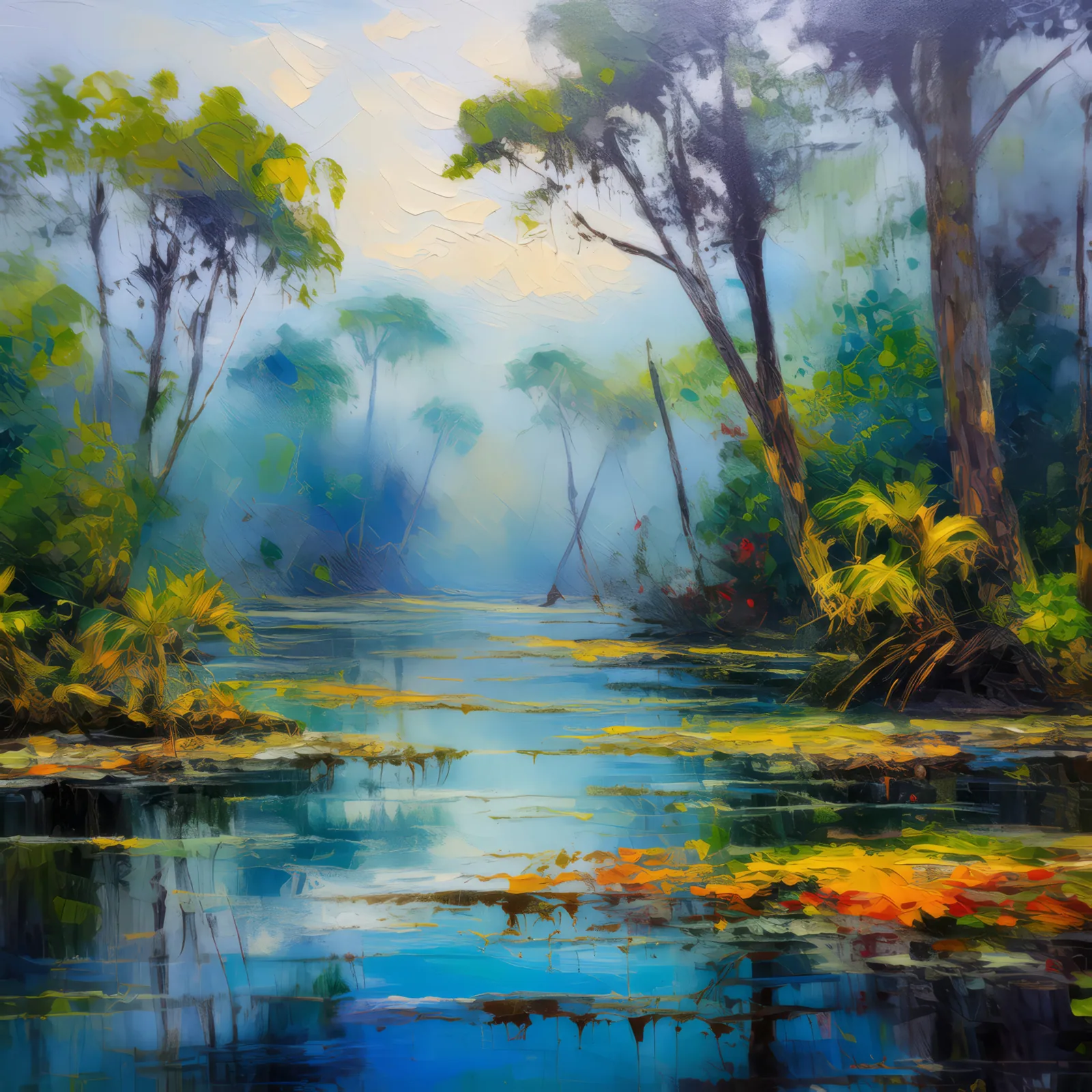 Swamp Misty Morning, a palette-knife oil landscape by Emma Mickelberg