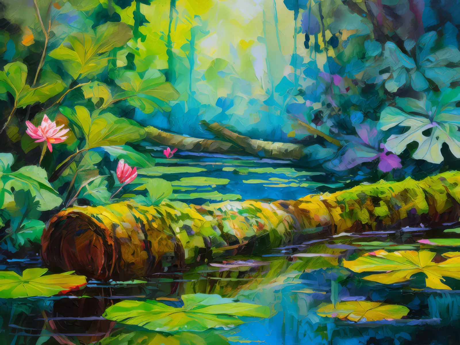 Swamp Mossy Logs, a palette-knife oil landscape by Emma Mickelberg
