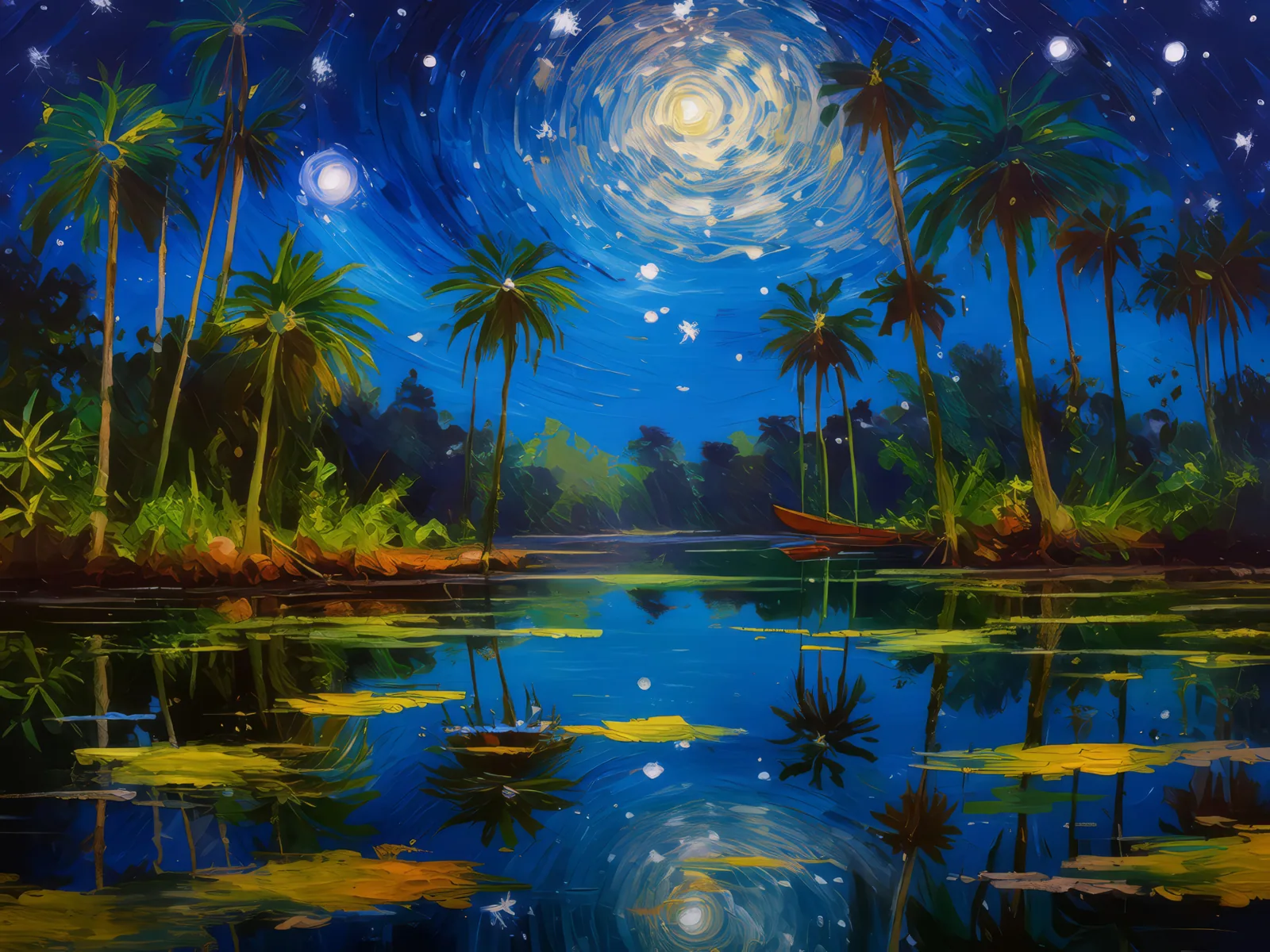 Swamp Night Reflections, a palette-knife oil landscape by Emma Mickelberg