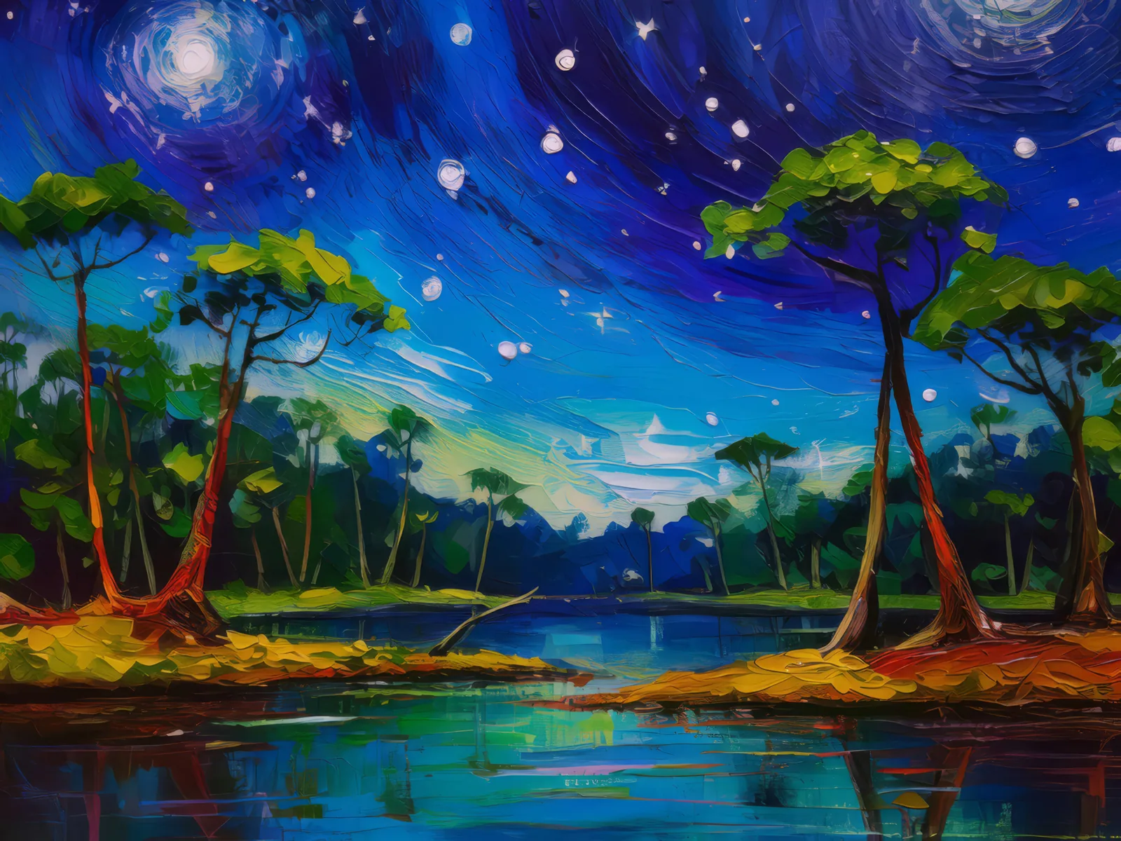 Swamp Night Sky, a palette-knife oil landscape by Emma Mickelberg