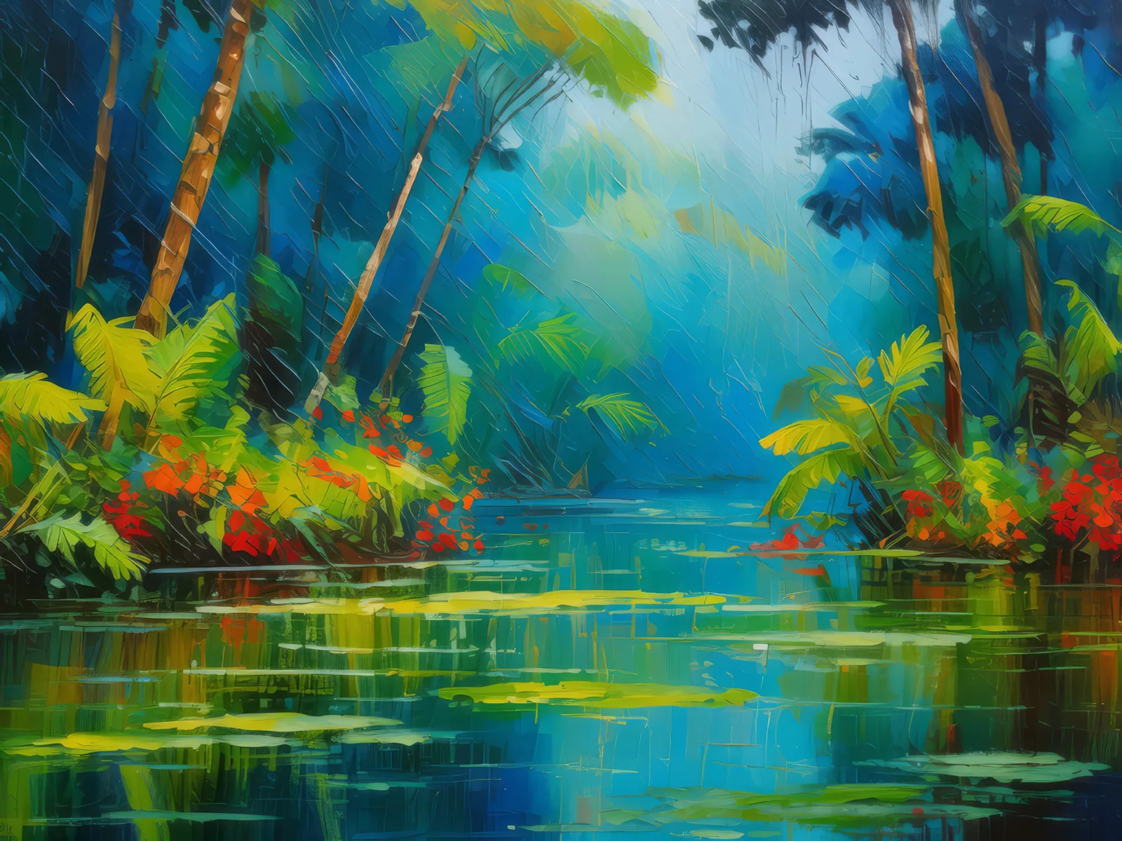 Swamp Rainfall, a palette-knife oil landscape by Emma Mickelberg