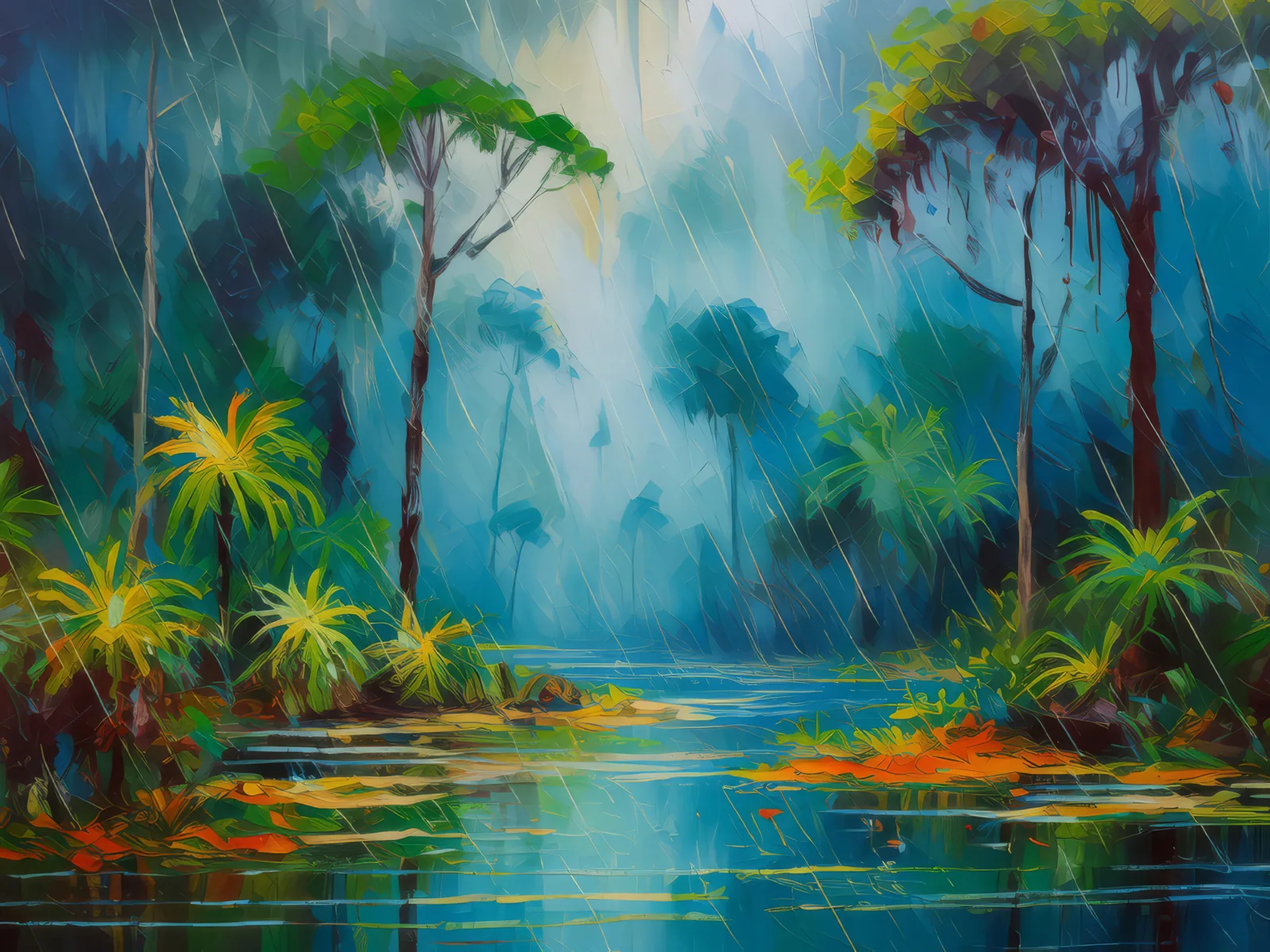 Swamp Rainstorm, a palette-knife oil landscape by Emma Mickelberg