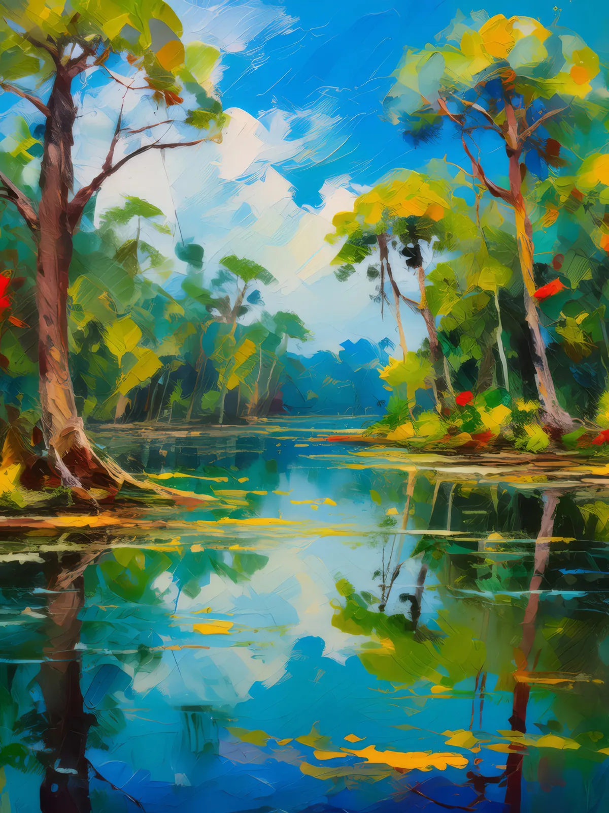 Swamp Reflection Lake, a palette-knife oil landscape by Emma Mickelberg