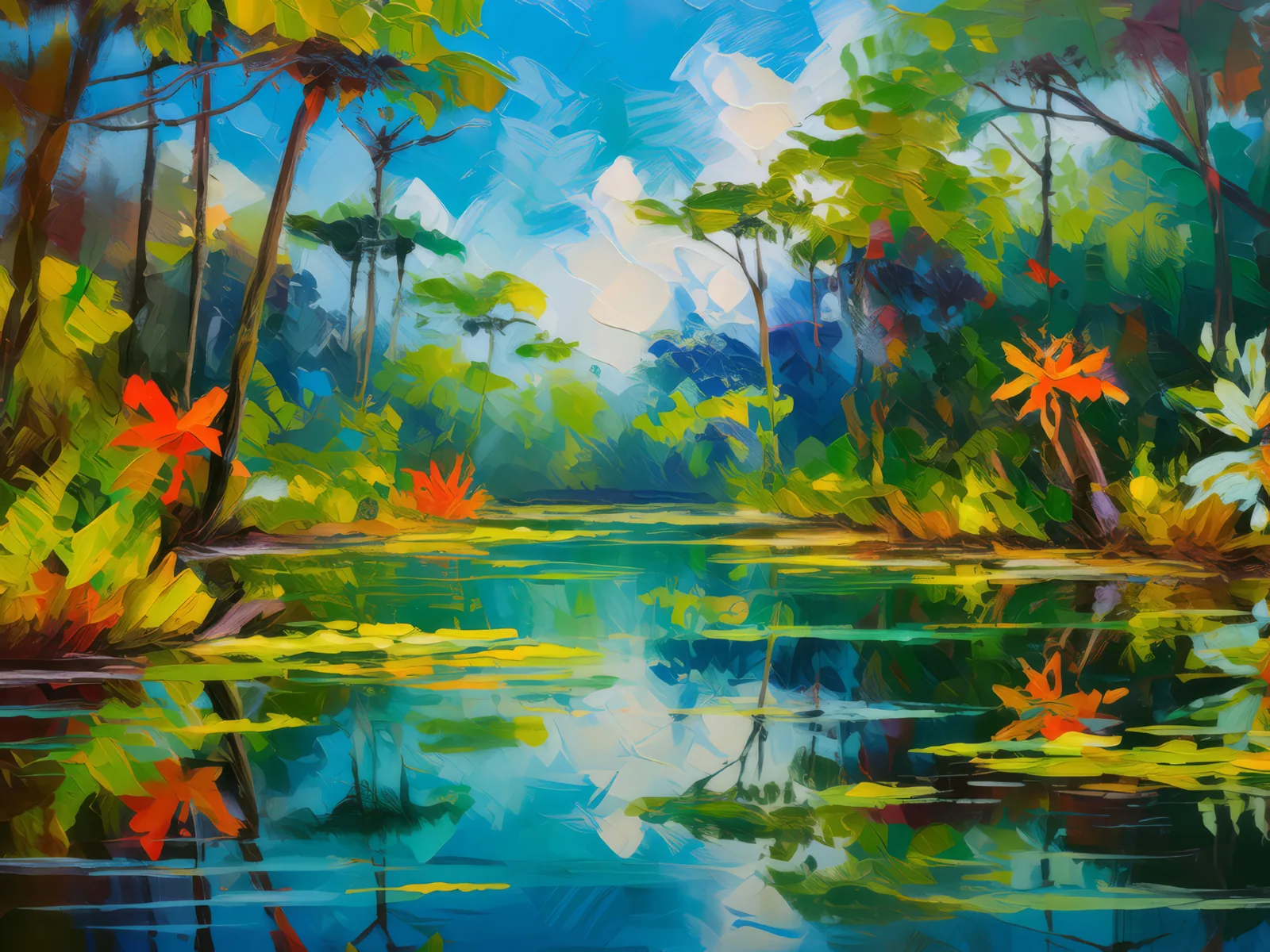 Swamp Reflection Pond, a palette-knife oil landscape by Emma Mickelberg