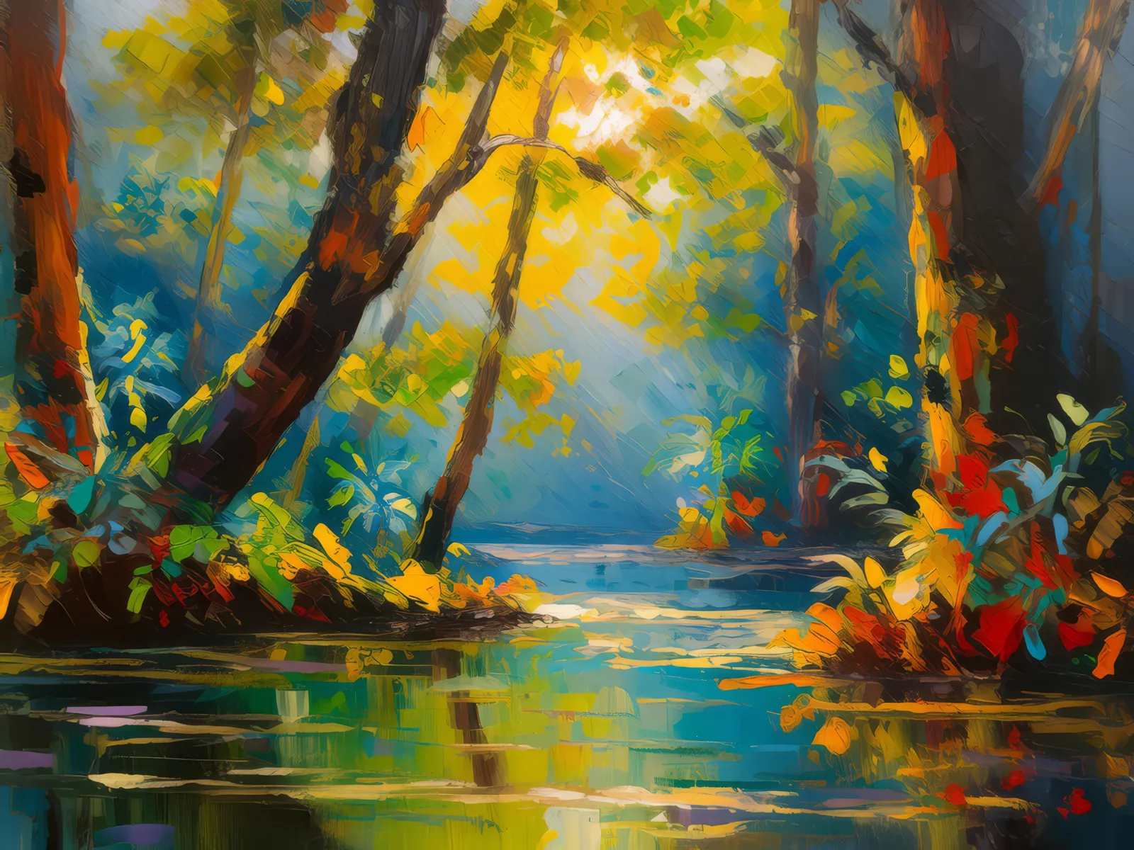 Swamp Sunlight Rays, a palette-knife oil landscape by Emma Mickelberg
