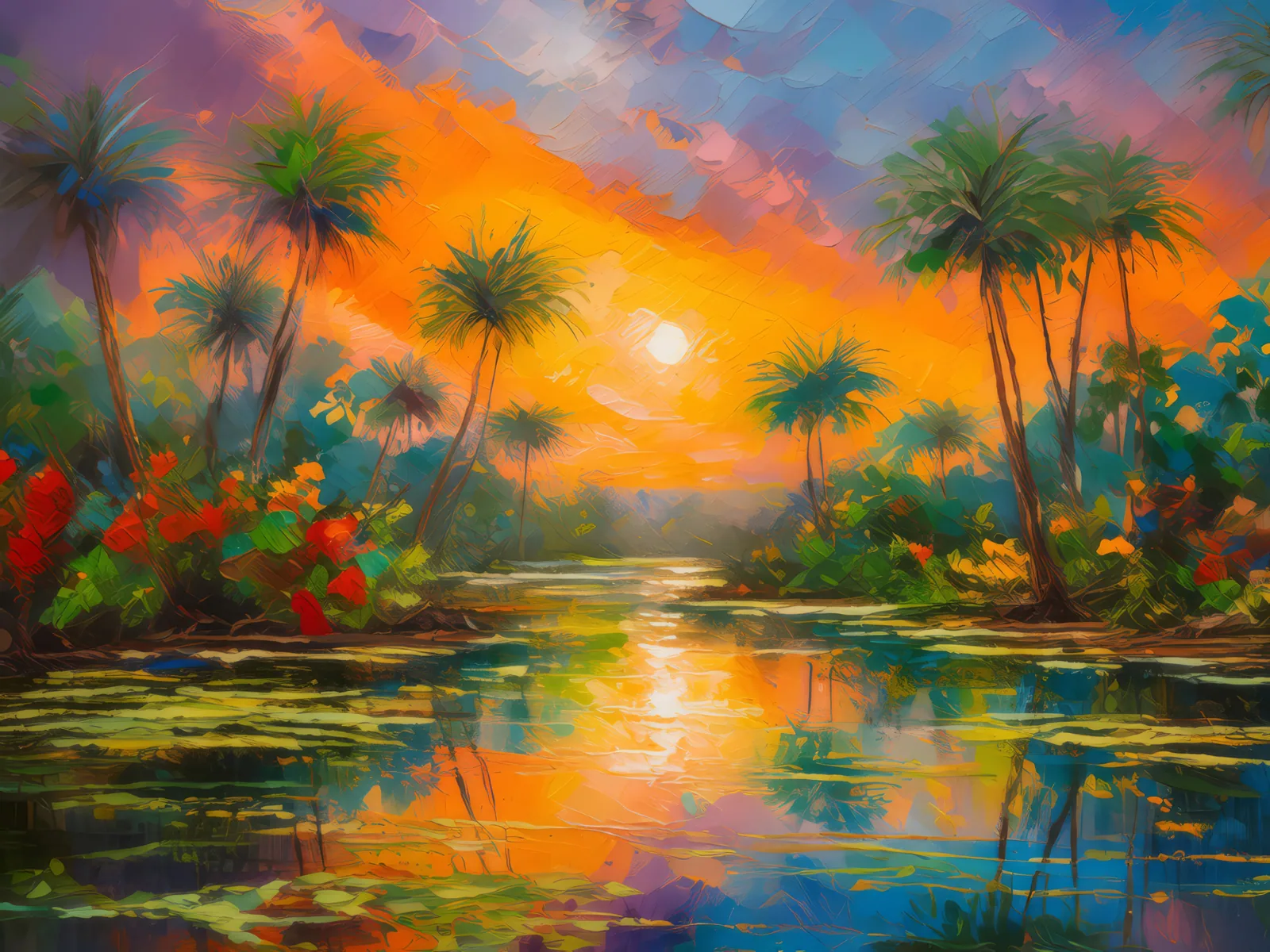 Swamp Sunset Glow, a palette-knife oil landscape by Emma Mickelberg