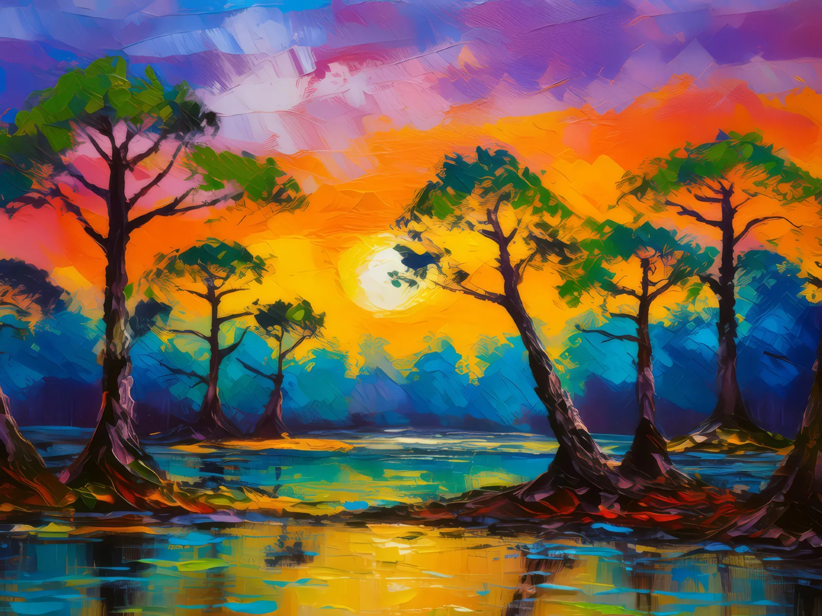 Swamp Sunset Silhouette, a palette-knife oil landscape by Emma Mickelberg