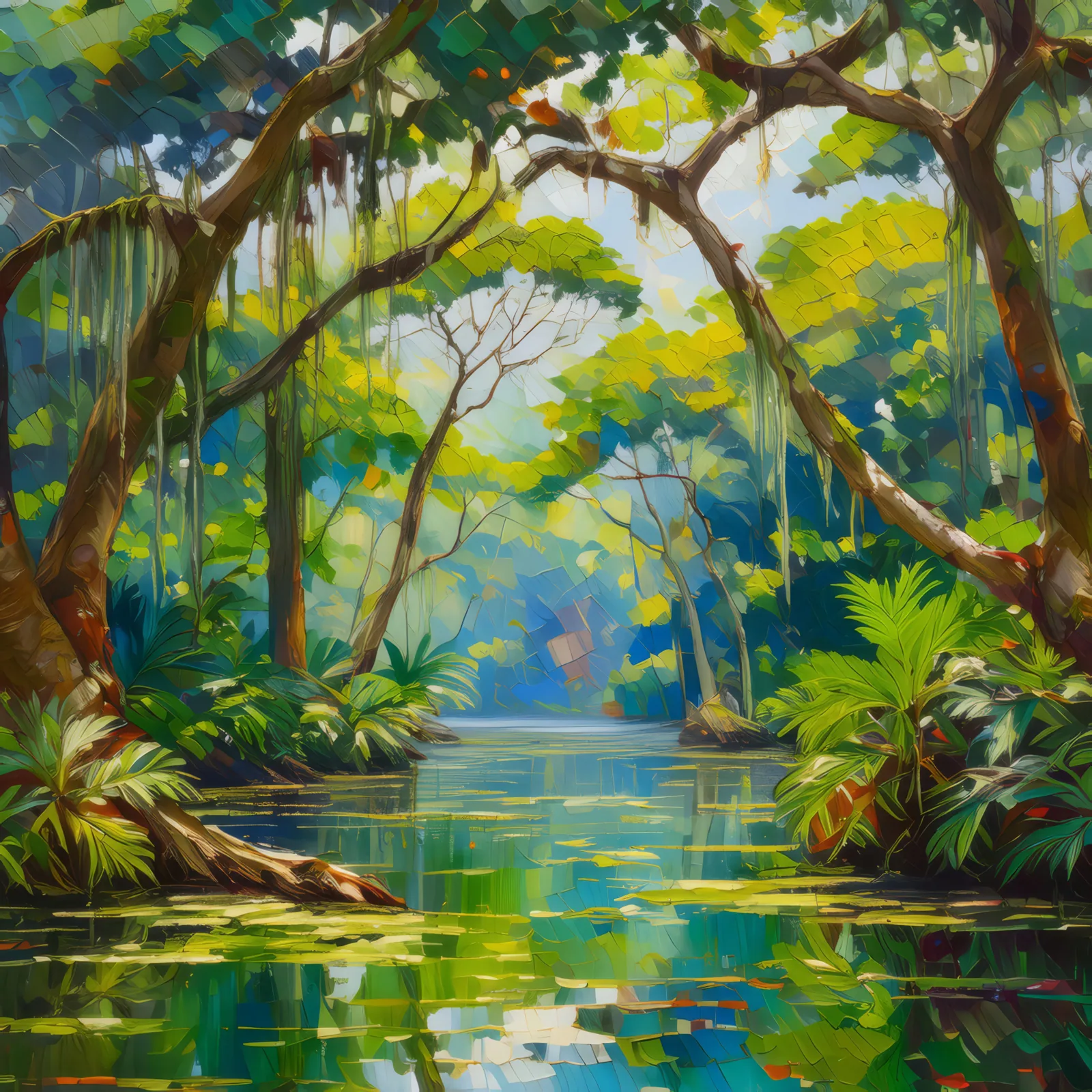 Swamp Tree Canopy, a palette-knife oil landscape by Emma Mickelberg