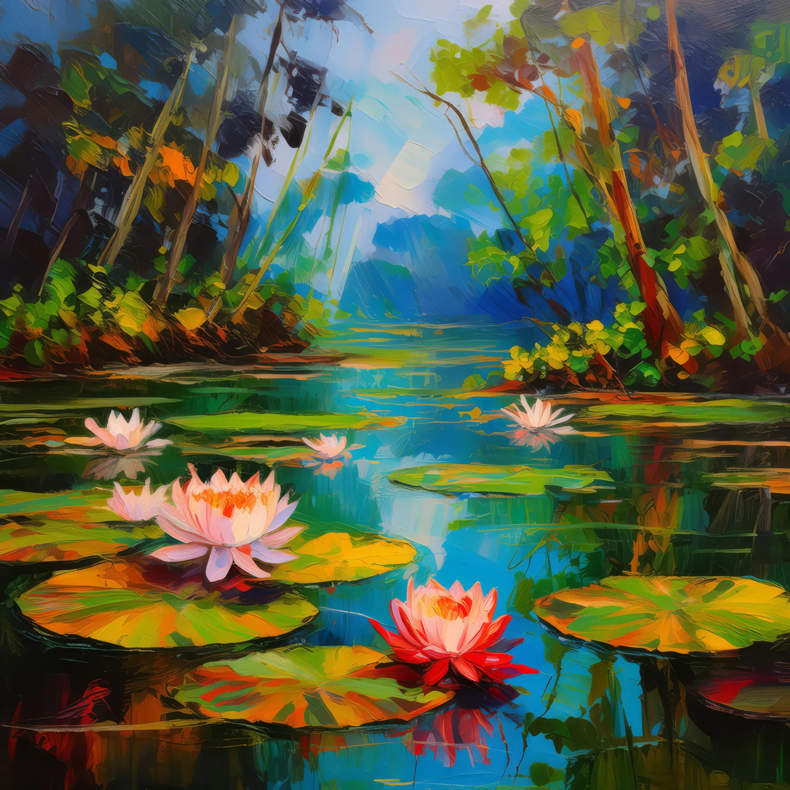 Swamp Water Lilies, a palette-knife oil landscape by Emma Mickelberg