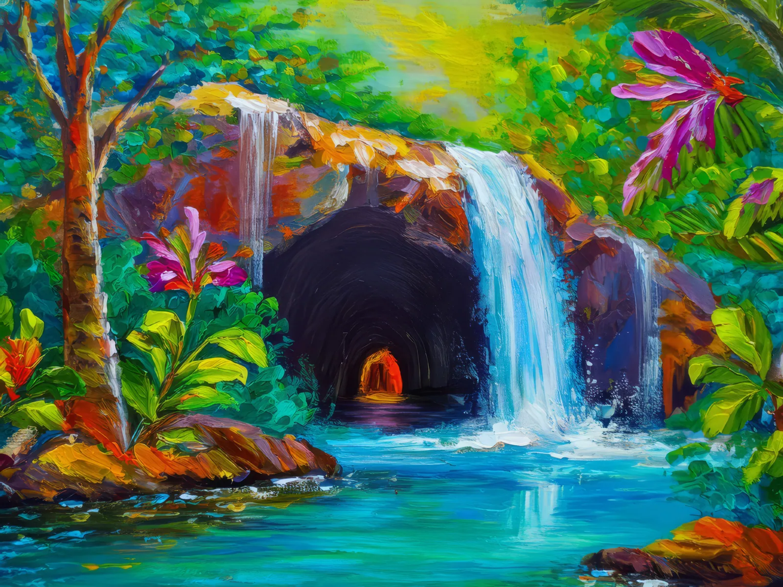 Swamp Waterfall Cave, a palette-knife oil landscape by Emma Mickelberg