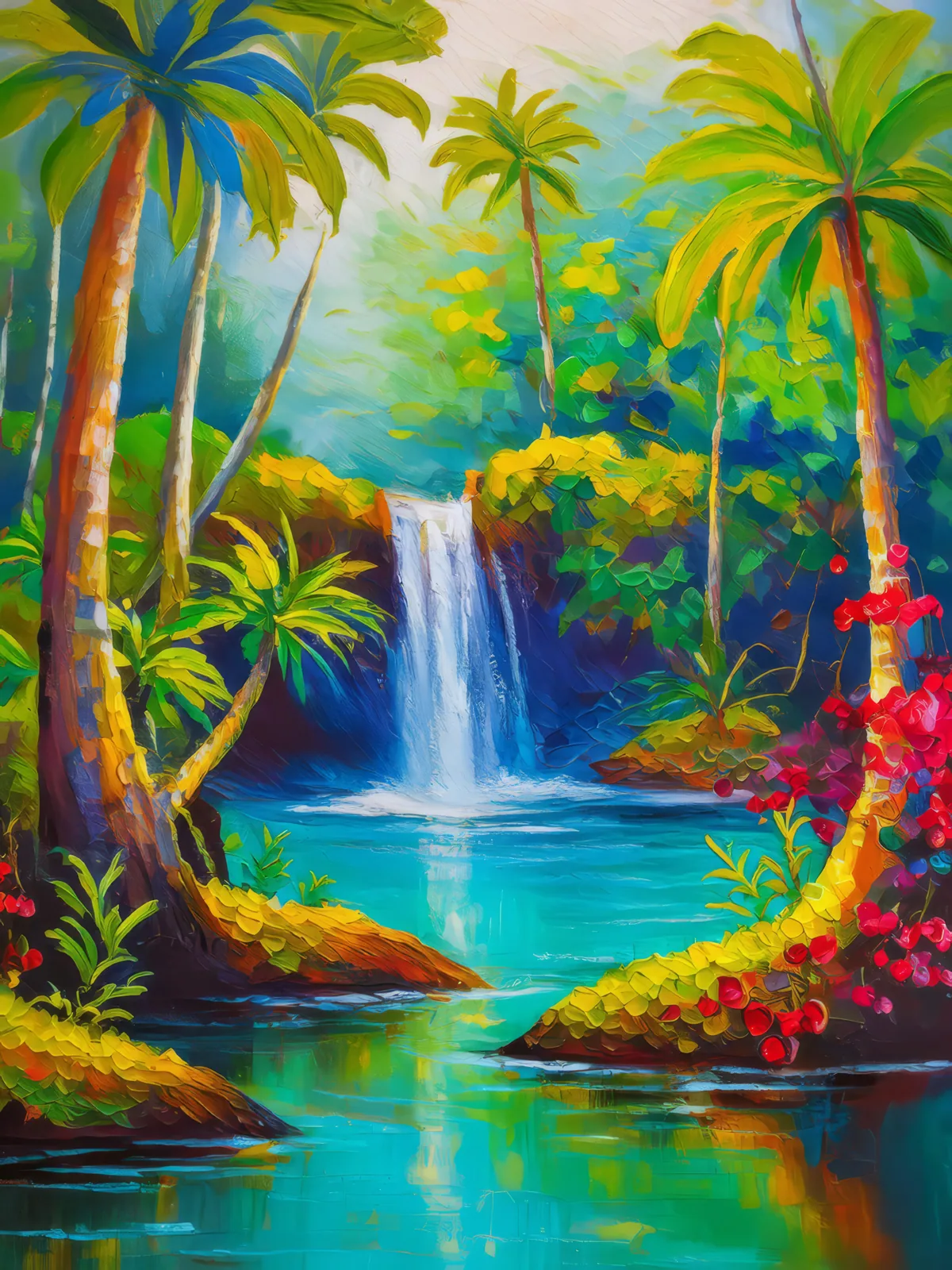 Swamp Waterfall Oasis, a palette-knife oil landscape by Emma Mickelberg