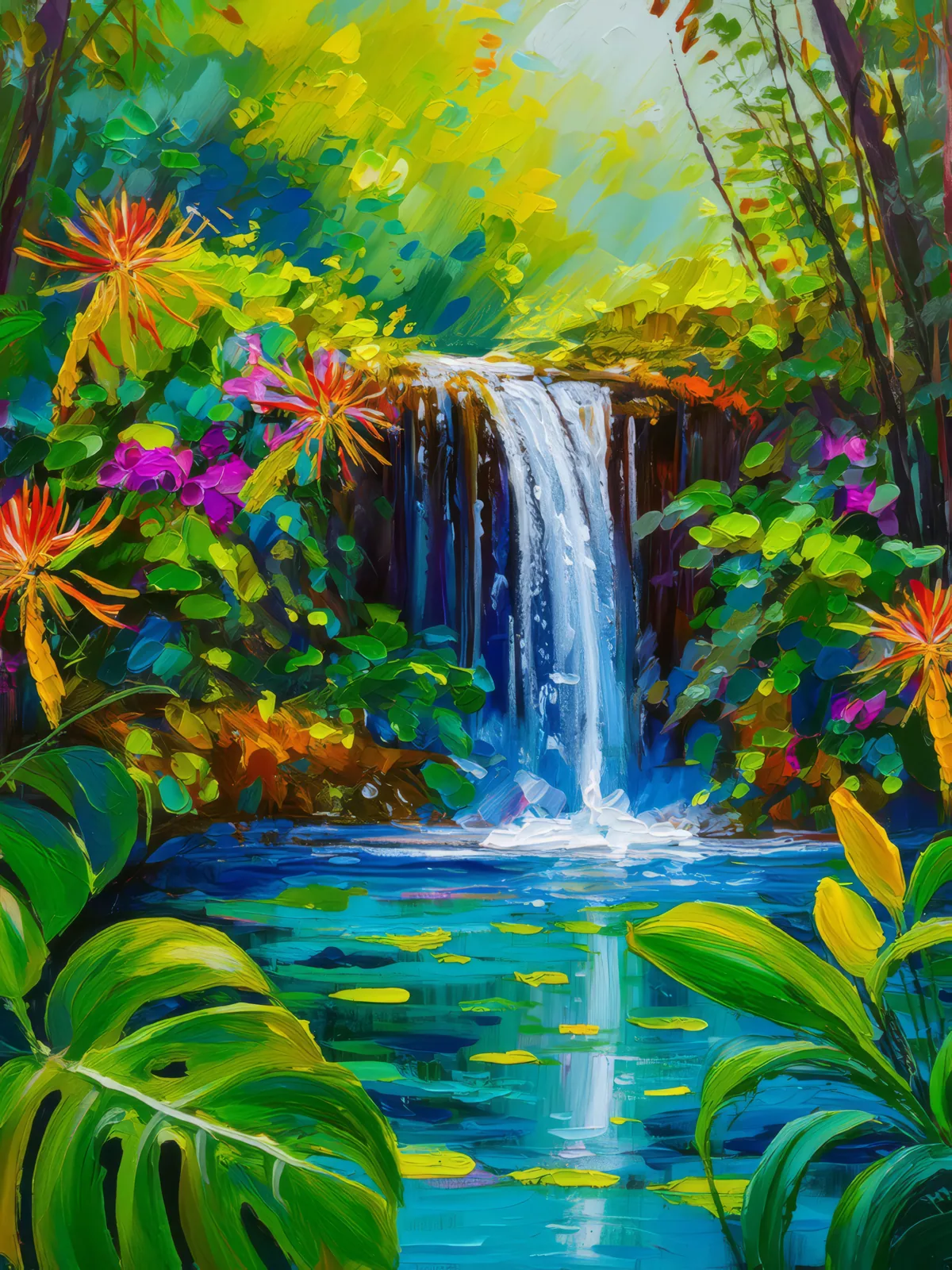 Swamp Waterfall Spray, a palette-knife oil landscape by Emma Mickelberg