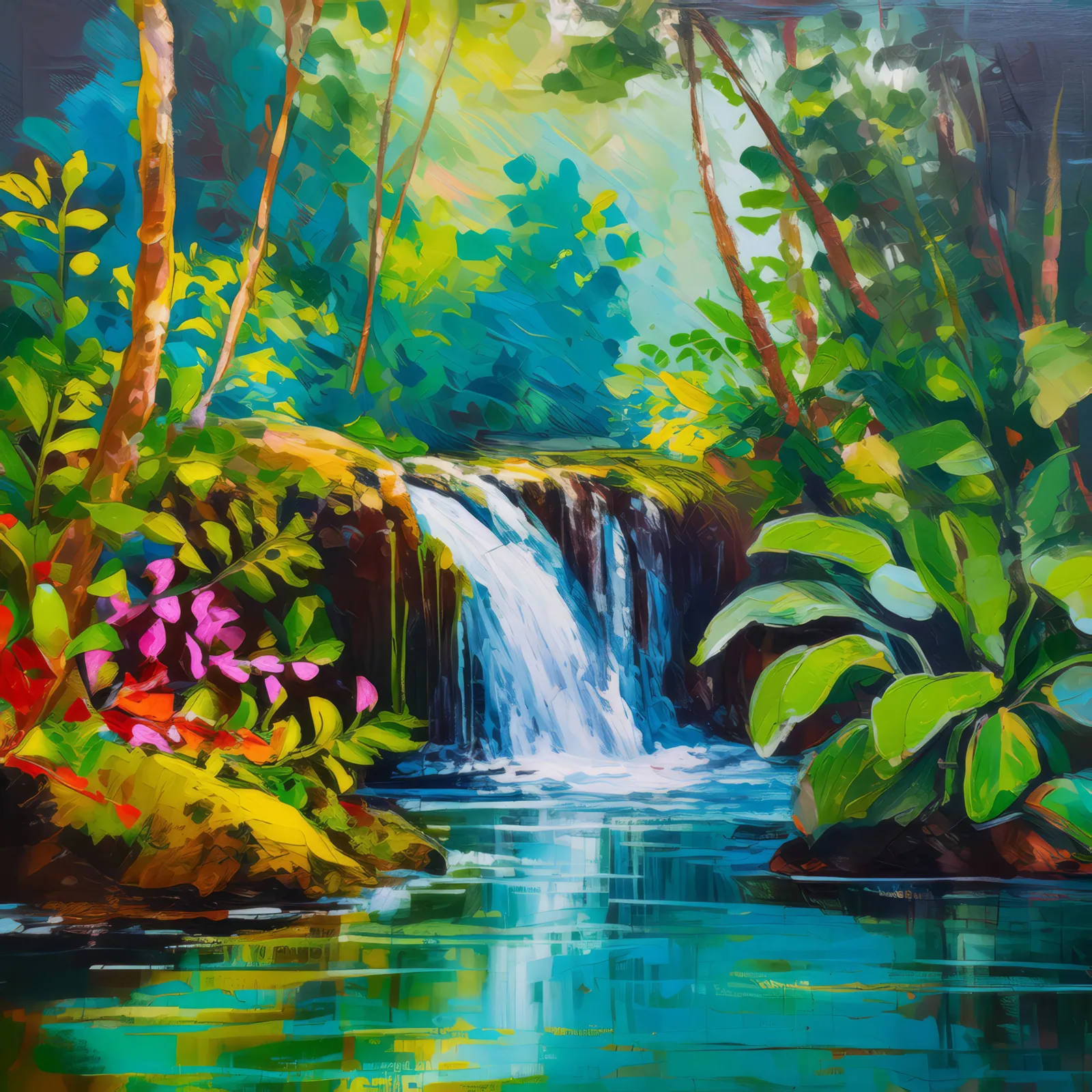 Swamp Waterfall, a palette-knife oil landscape by Emma Mickelberg