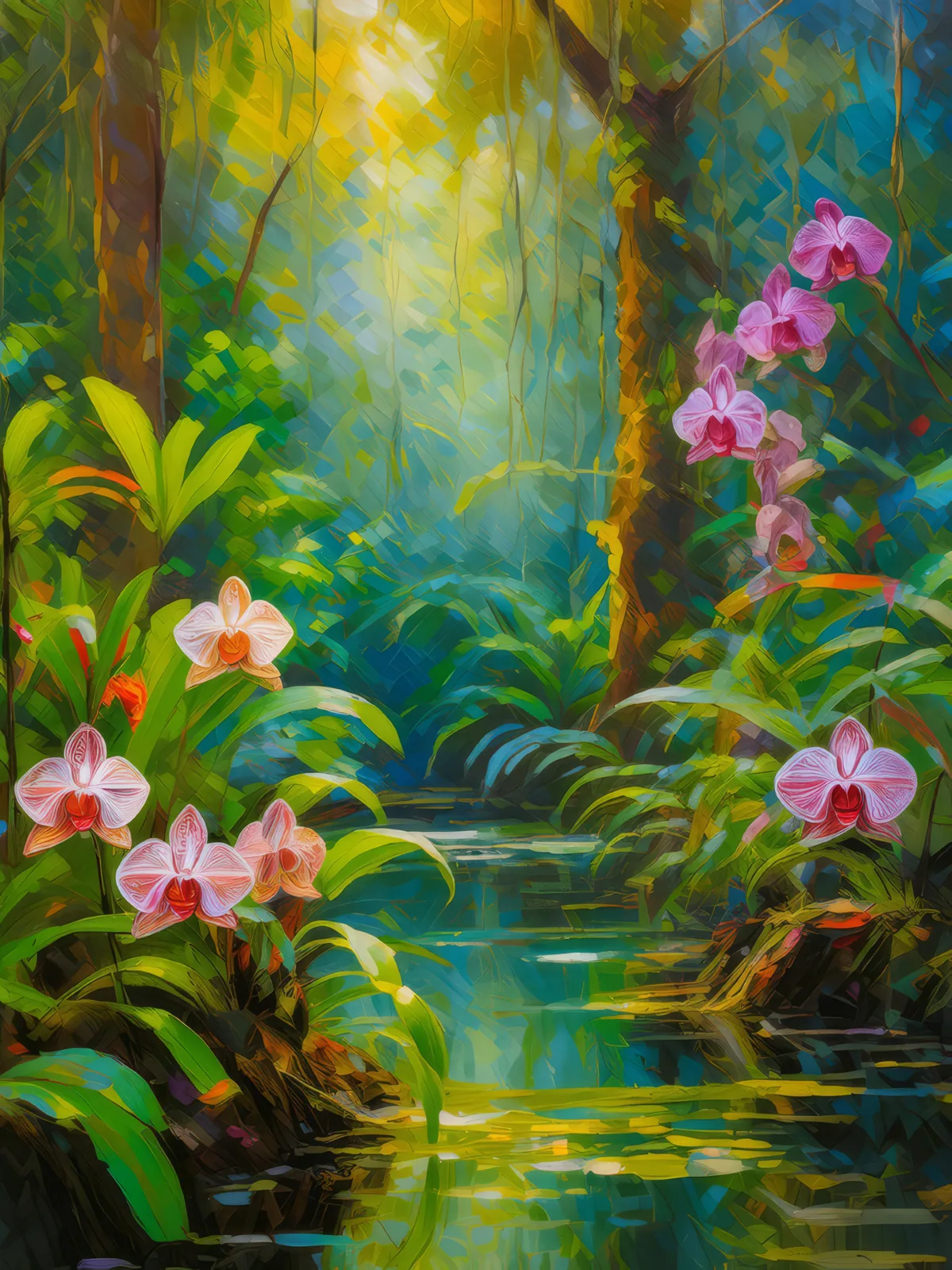 Swamp Wild Orchids, a palette-knife oil landscape by Emma Mickelberg