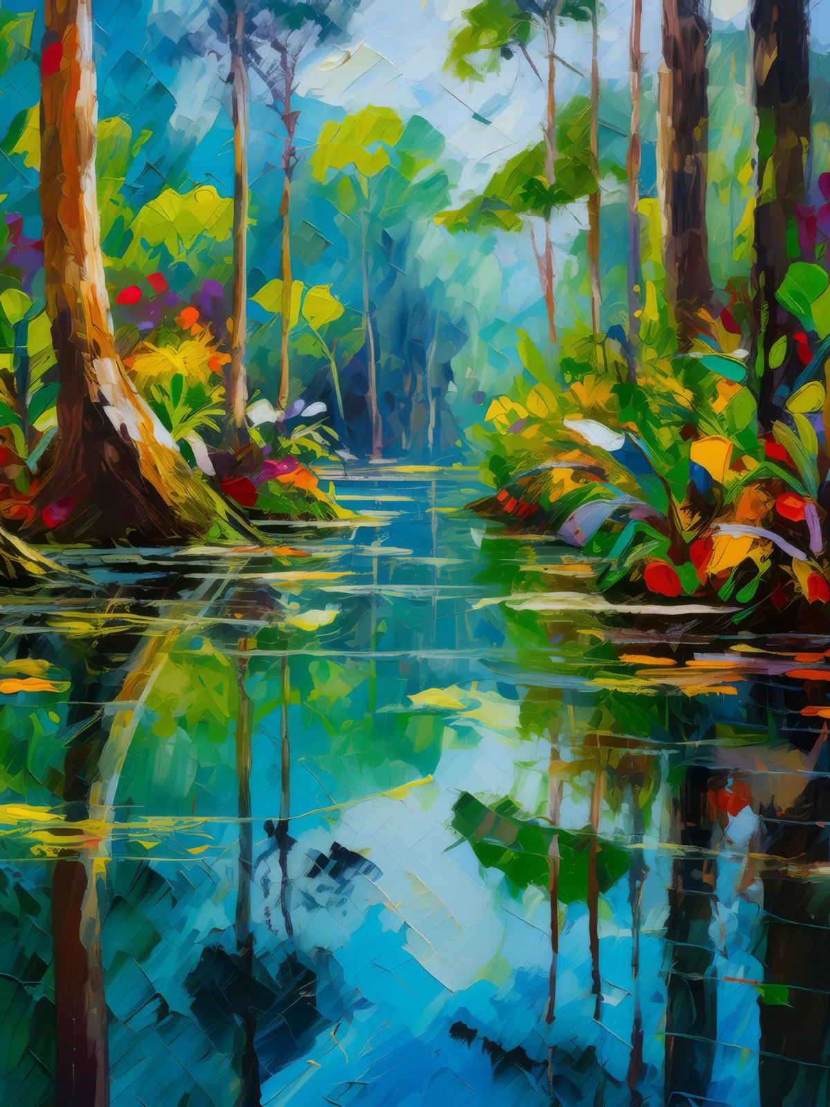 Swampy Reflections, a palette-knife oil landscape by Emma Mickelberg