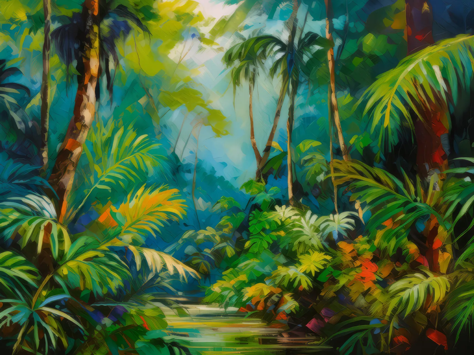 Sweltering Tropical Rainforest, a palette-knife oil landscape by Emma Mickelberg