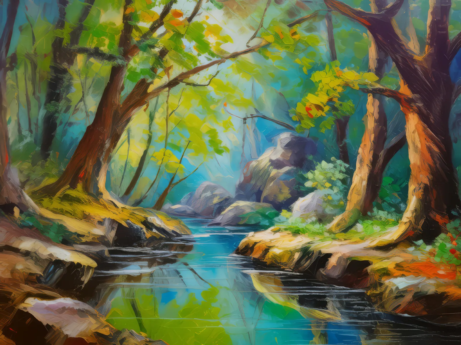 Sylvan Forest Grotto, a palette-knife oil landscape by Emma Mickelberg