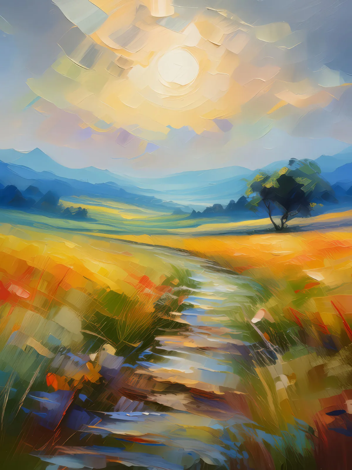 Temperate Grassland Mirage, a palette-knife oil landscape by Emma Mickelberg