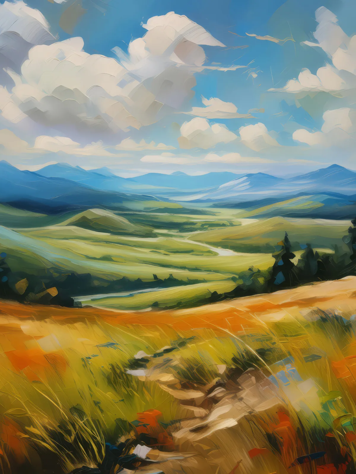 Temperate Grassland Panorama, a palette-knife oil landscape by Emma Mickelberg